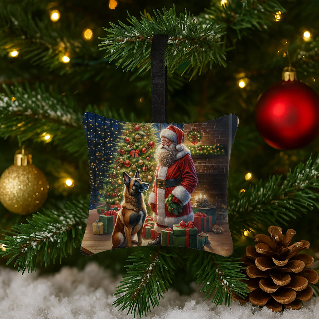 Belgian Malinois and Santa Claus Hanging Square Fabric Ornament 3.5 × 3.5 Decorative Door-Knob & Tree Hanger, Soft Fabric