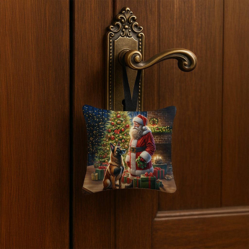 Belgian Malinois and Santa Claus Hanging Square Fabric Ornament 3.5 × 3.5 Decorative Door-Knob & Tree Hanger, Soft Fabric
