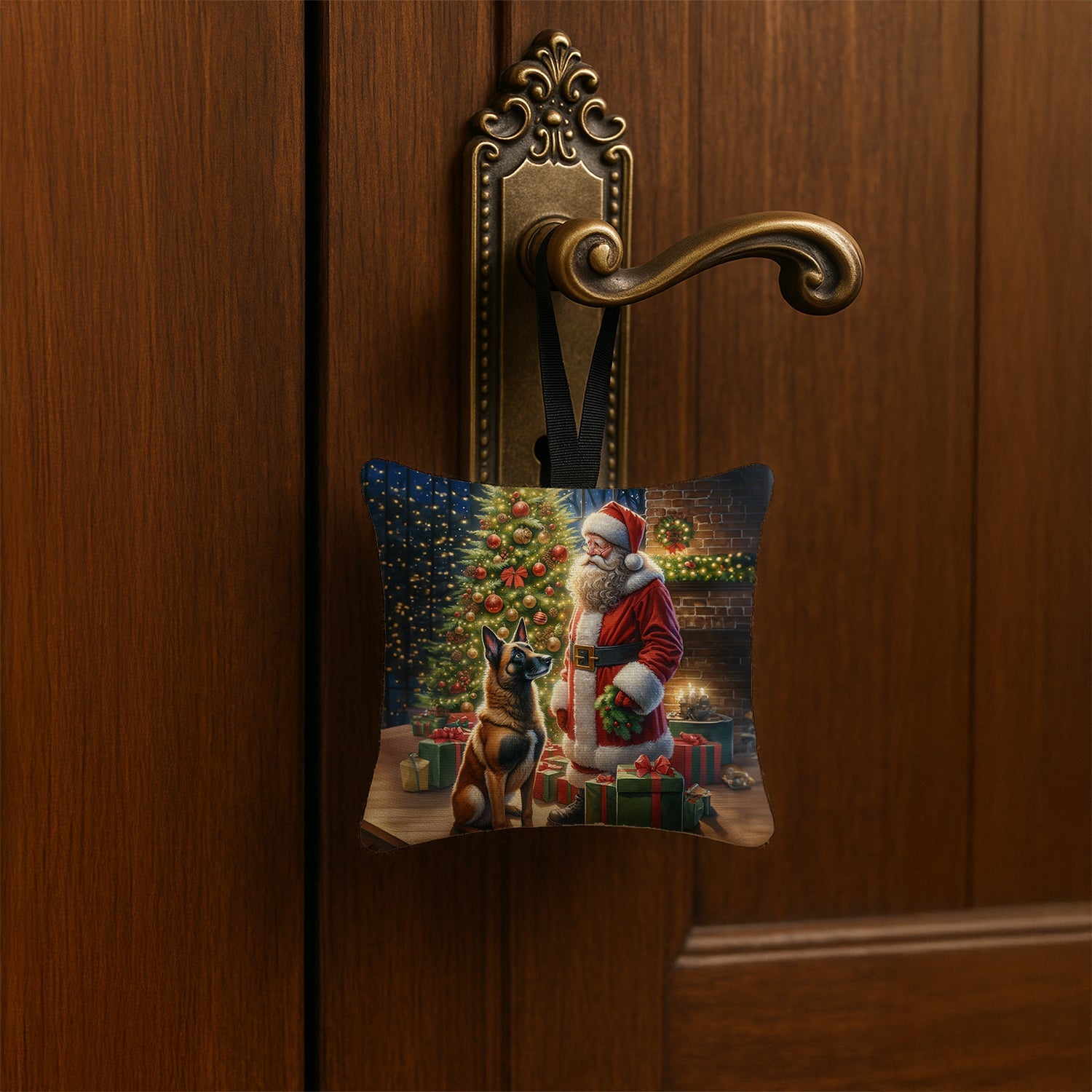 Belgian Malinois and Santa Claus Hanging Square Fabric Ornament 3.5 × 3.5 Decorative Door-Knob & Tree Hanger, Soft Fabric