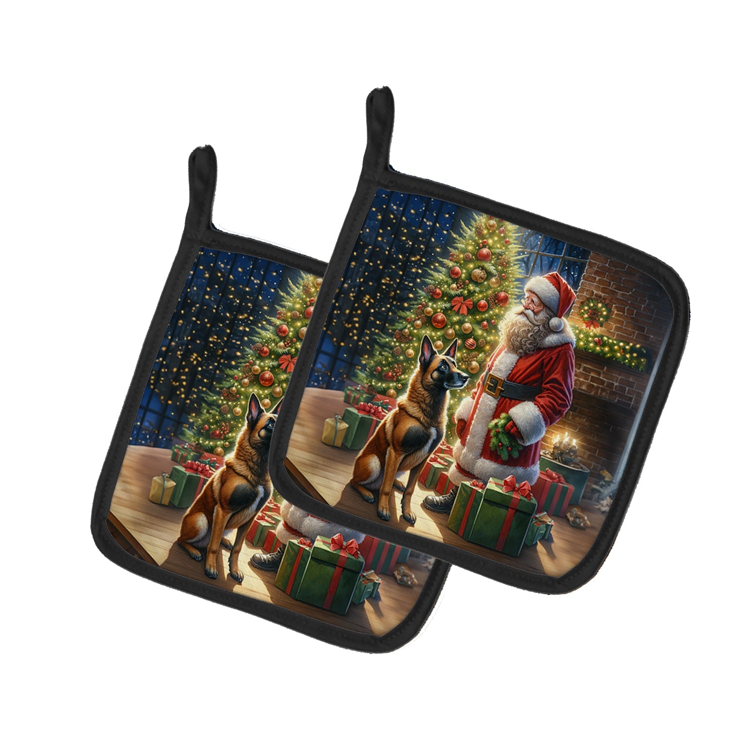 Belgian Malinois and Santa Claus Pot Holder Set of 2 Heat Resistant Quilted Hot Pads 7.5 x 7.5 Inch, Insulated Kitchen Trivets for Cooking & Baking
