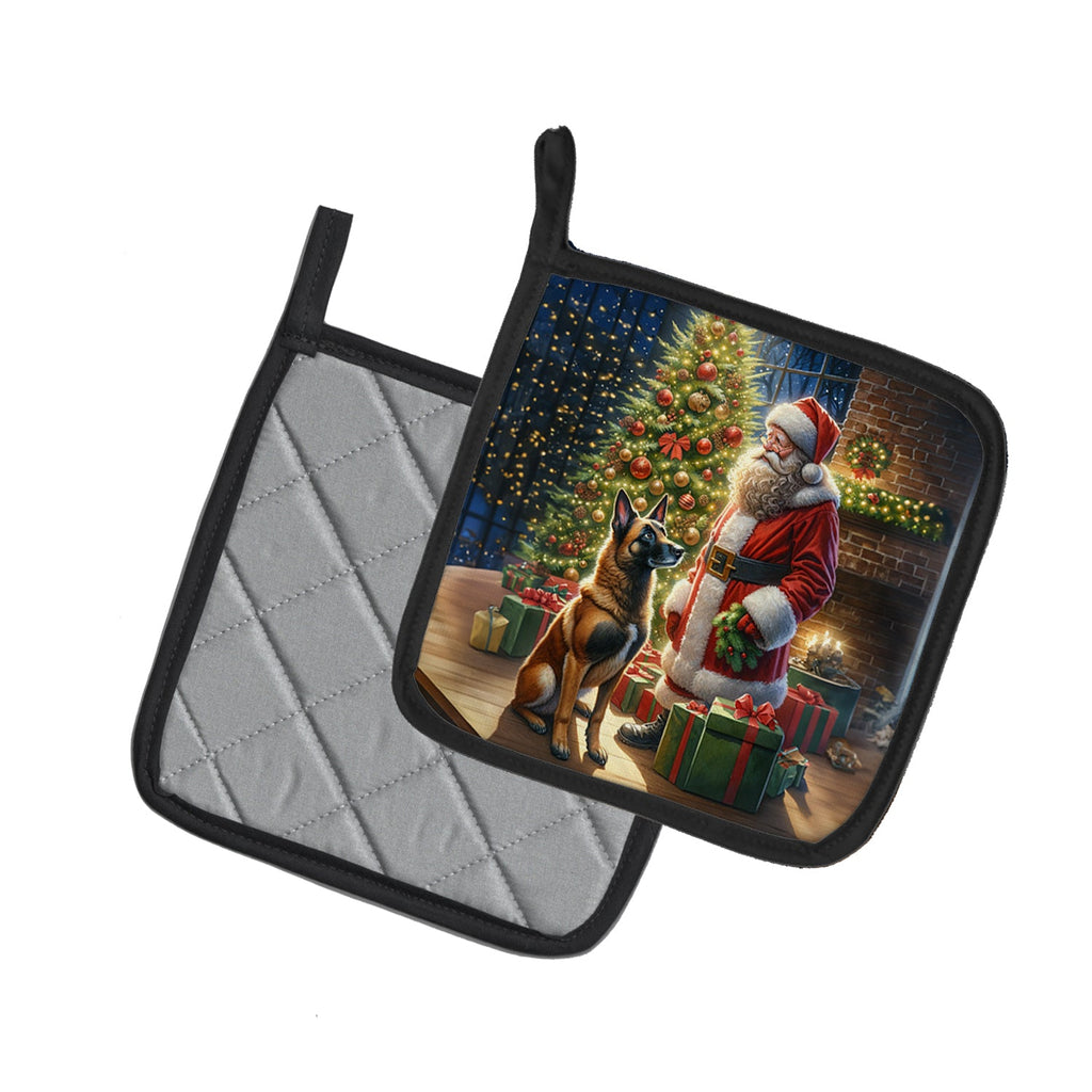 Belgian Malinois and Santa Claus Pot Holder Set of 2 Heat Resistant Quilted Hot Pads 7.5 x 7.5 Inch, Insulated Kitchen Trivets for Cooking & Baking