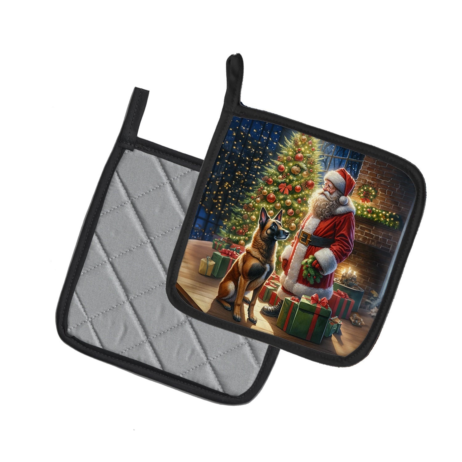 Belgian Malinois and Santa Claus Pot Holder Set of 2 Heat Resistant Quilted Hot Pads 7.5 x 7.5 Inch, Insulated Kitchen Trivets for Cooking & Baking