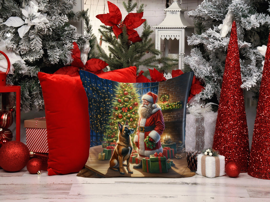 Belgian Malinois and Santa Claus Decorative Throw Pillow 14x14 Indoor Outdoor Accent Cushion, Fabric Cover with Insert for Sofa, Bed, Porch & Living Room