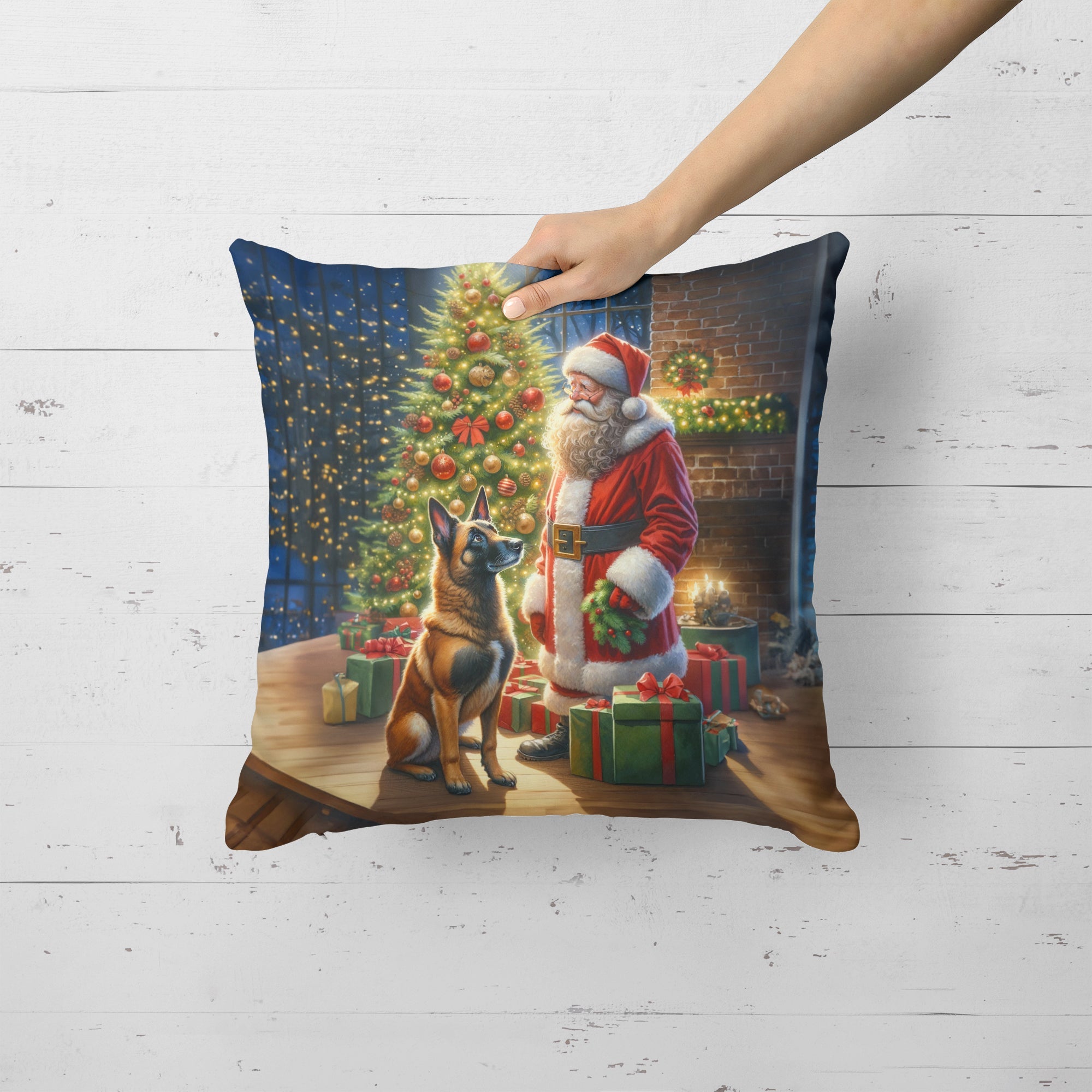 Belgian Malinois and Santa Claus Decorative Throw Pillow 18x18 Indoor Outdoor Accent Cushion, Fabric Cover with Insert for Sofa, Bed, Porch & Living Room