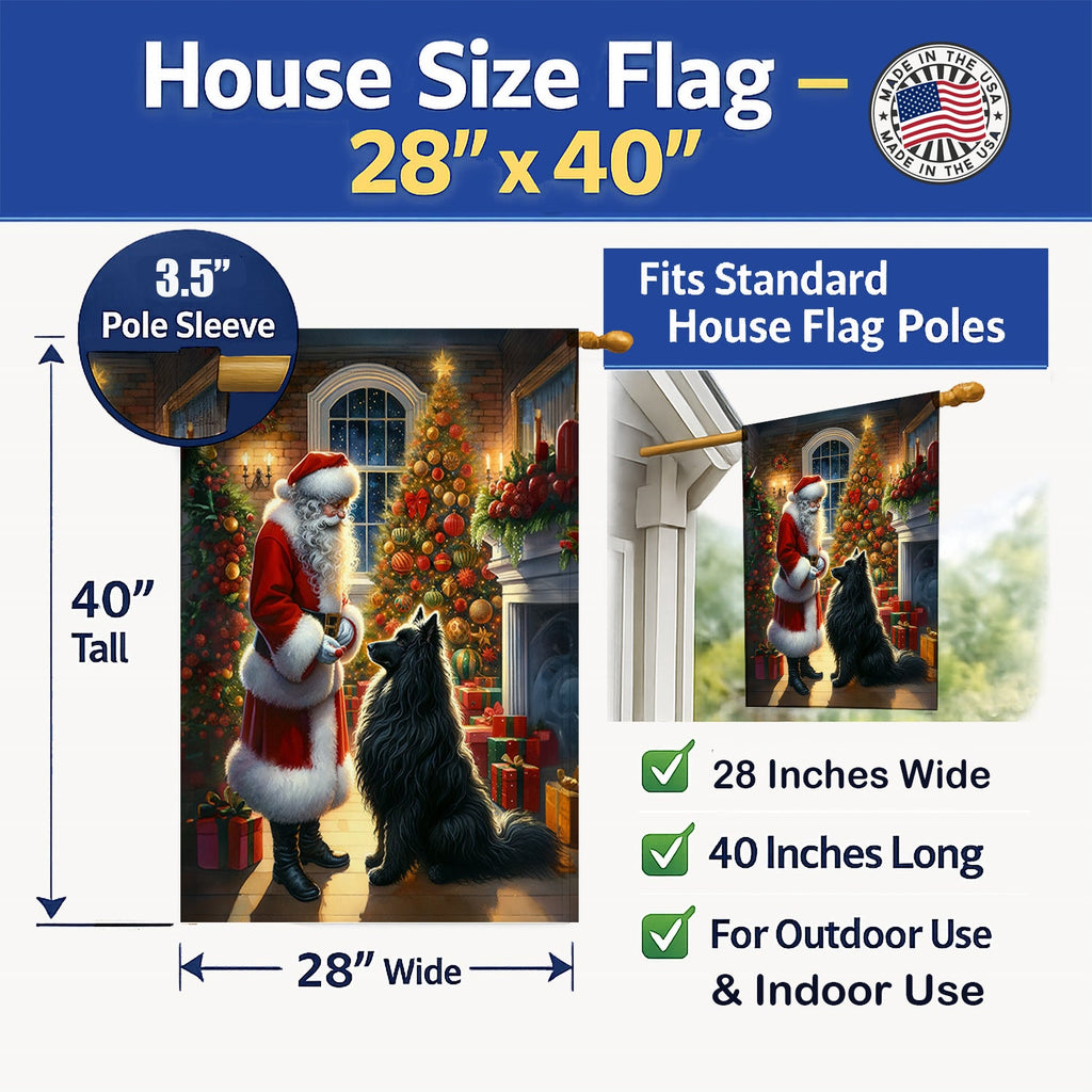 Belgian Sheepdog and Santa Claus House Flag 28x40 Porch Sleeve Pole Decorative Outside Yard Banner Artwork Wall Hanging, Polyester