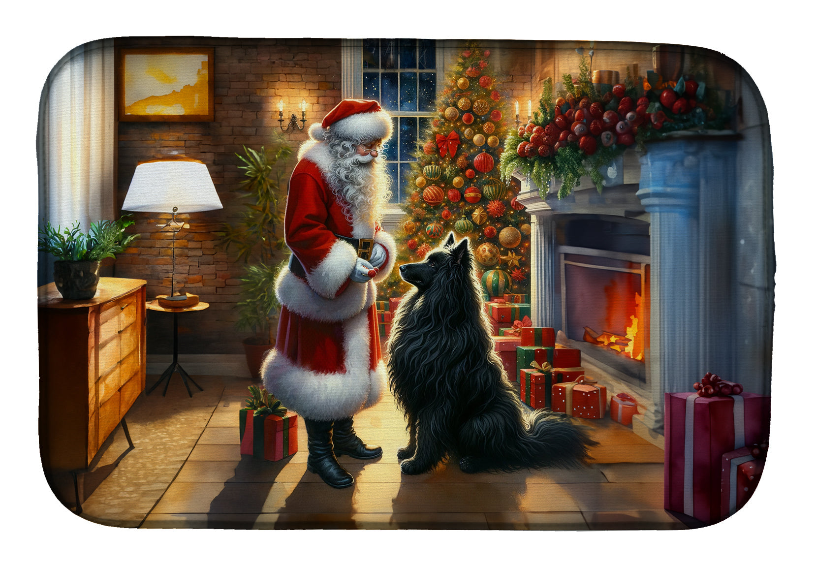 Belgian Sheepdog and Santa Claus Dish Drying Mat Absorbent Dish Drying Mat Pad for Kitchen Counter Dish Drainer Mat for Countertop, 14 x 21", Multicolor