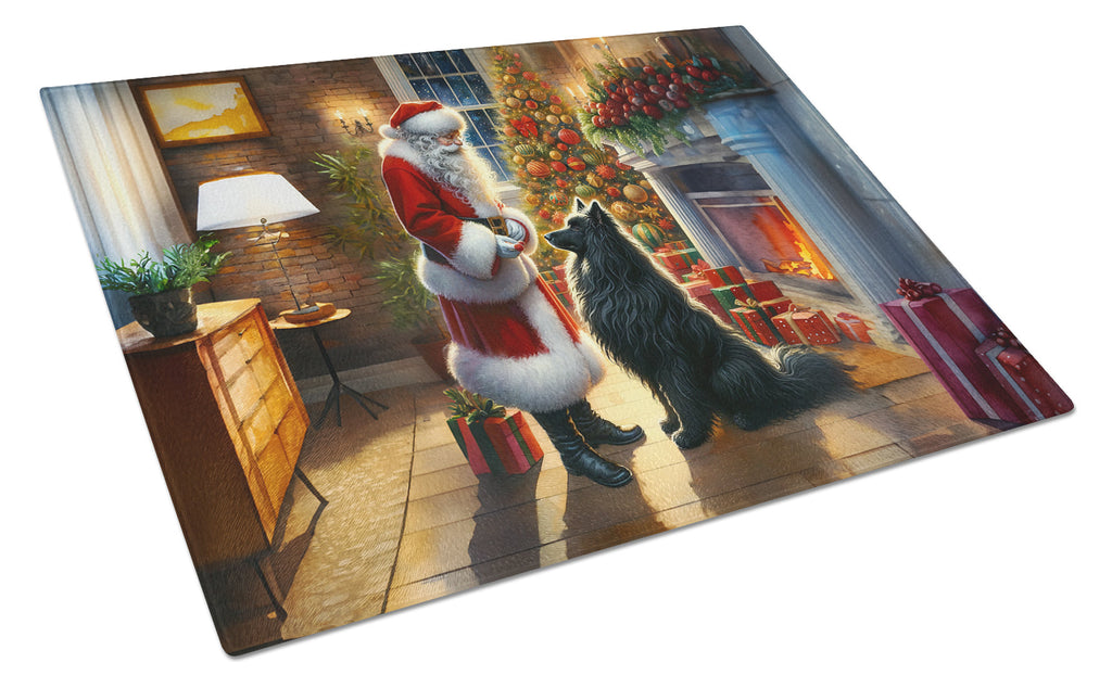 Belgian Sheepdog and Santa Claus Cutting Board Tempered Glass Kitchen Cutting Surface, Heat Resistant Chopping, Non-Slip Feet, Food Prep & Serving
