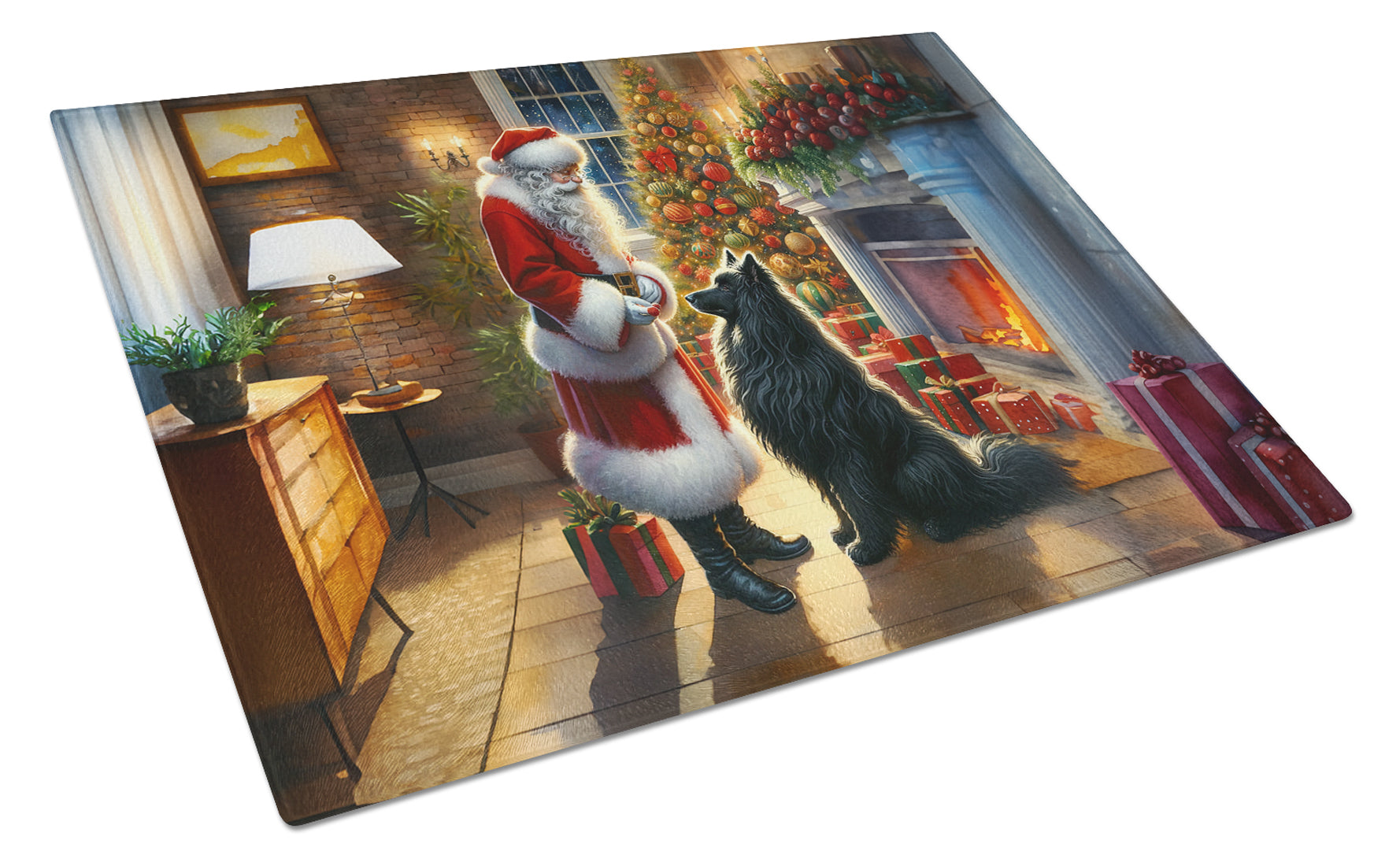 Belgian Sheepdog and Santa Claus Cutting Board Tempered Glass Kitchen Cutting Surface, Heat Resistant Chopping, Non-Slip Feet, Food Prep & Serving