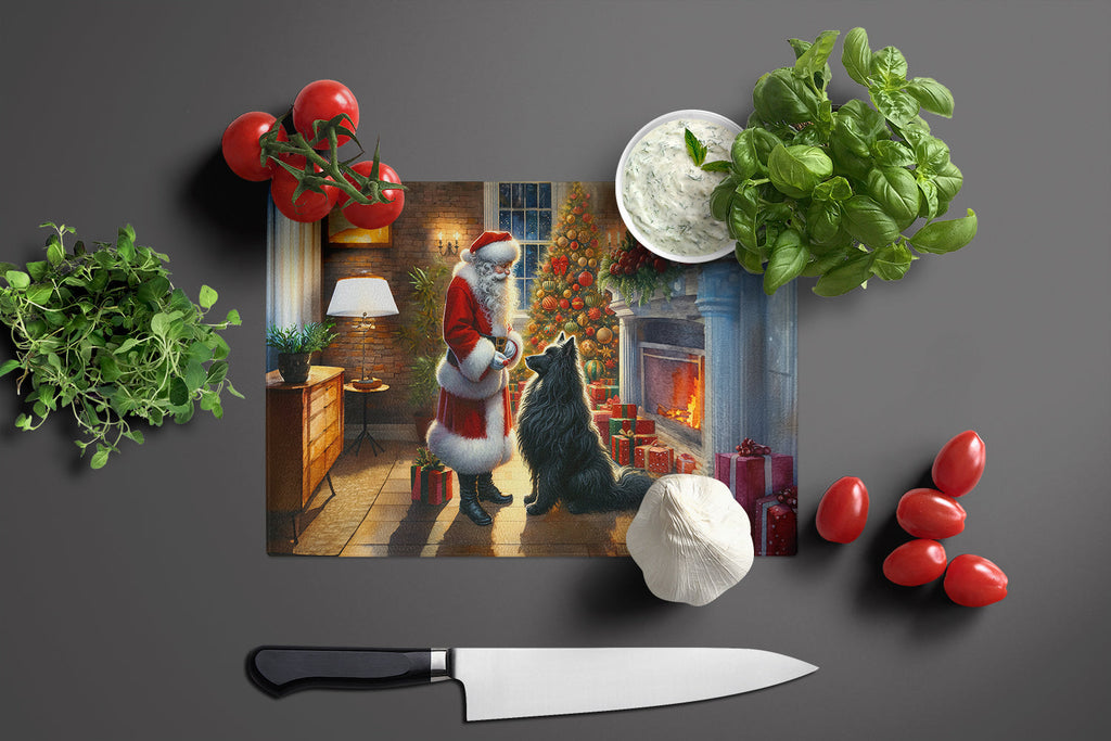 Belgian Sheepdog and Santa Claus Cutting Board Tempered Glass Kitchen Cutting Surface, Heat Resistant Chopping, Non-Slip Feet, Food Prep & Serving