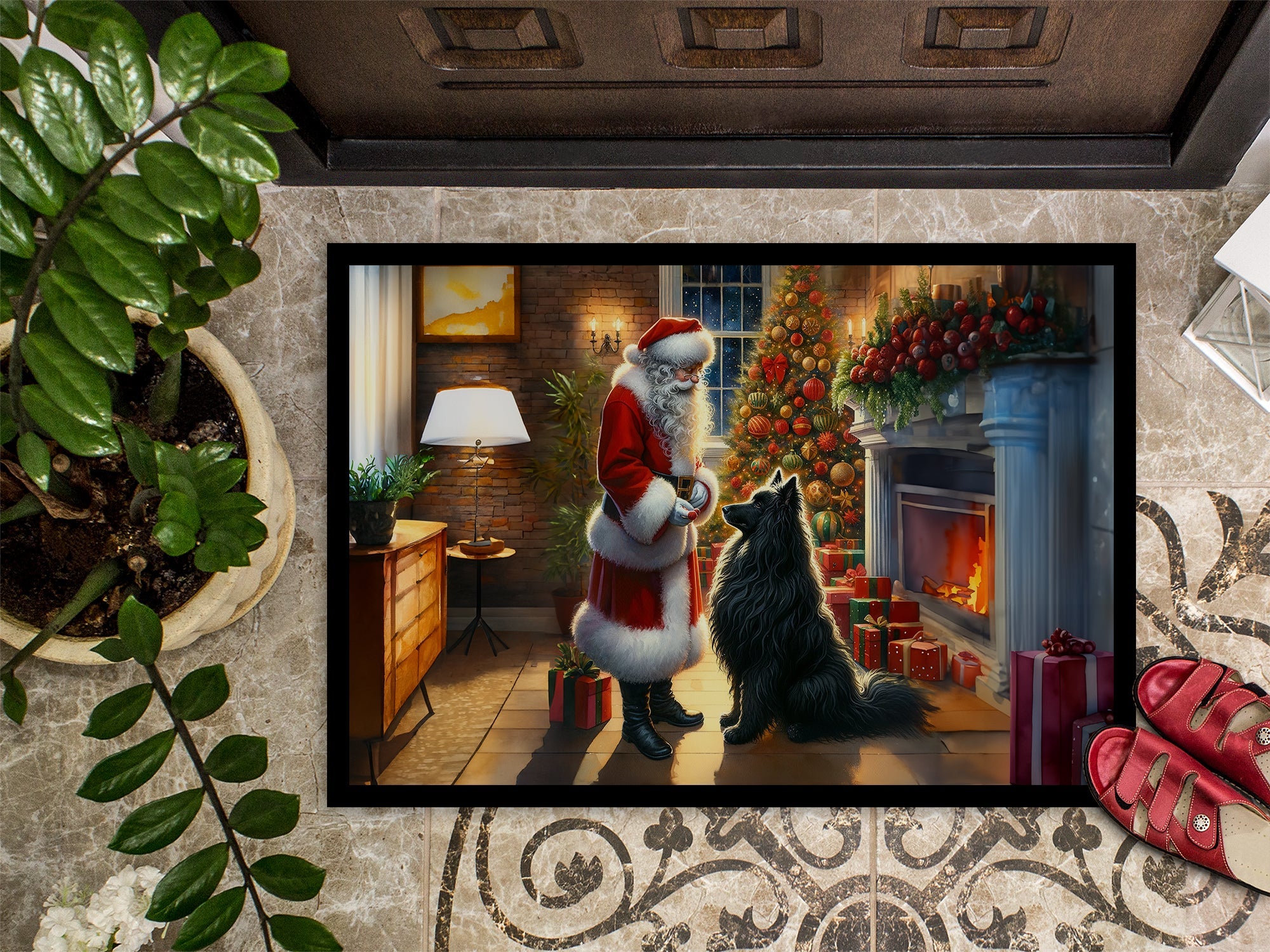 Belgian Sheepdog and Santa Claus Doormat Indoor Outdoor 18H X 27W Front Door Mat Rugs for Entryway, Non Slip Washable