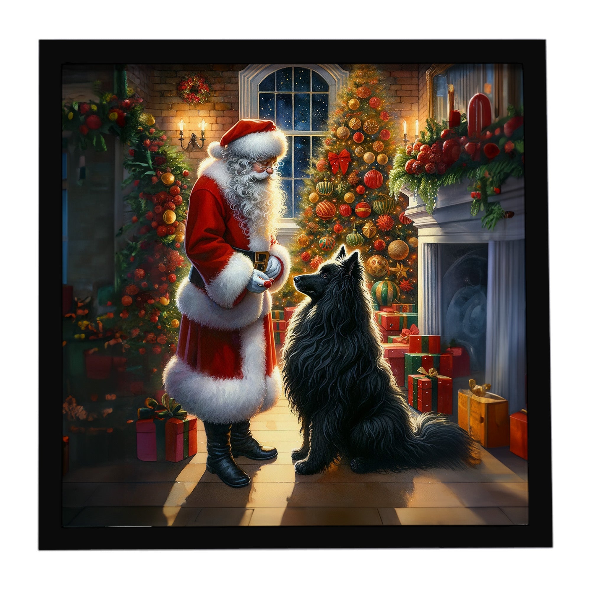 Belgian Sheepdog and Santa Claus Framed Metal Print Bathroom, Kitchen, Office, Home Decor Wall Art Ready to Hang, Square, 8X8