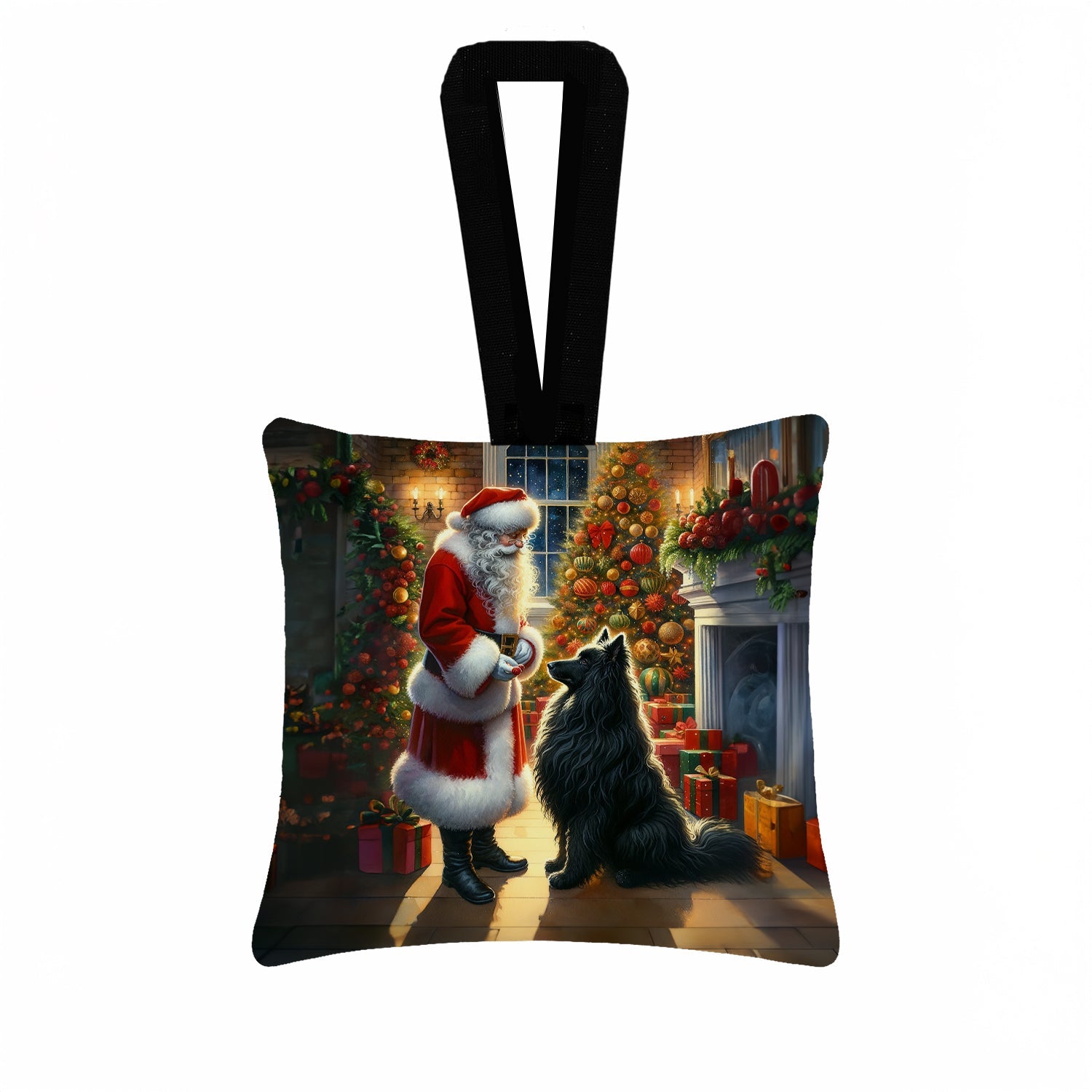 Belgian Sheepdog and Santa Claus Hanging Square Fabric Ornament 3.5 × 3.5 Decorative Door-Knob & Tree Hanger, Soft Fabric