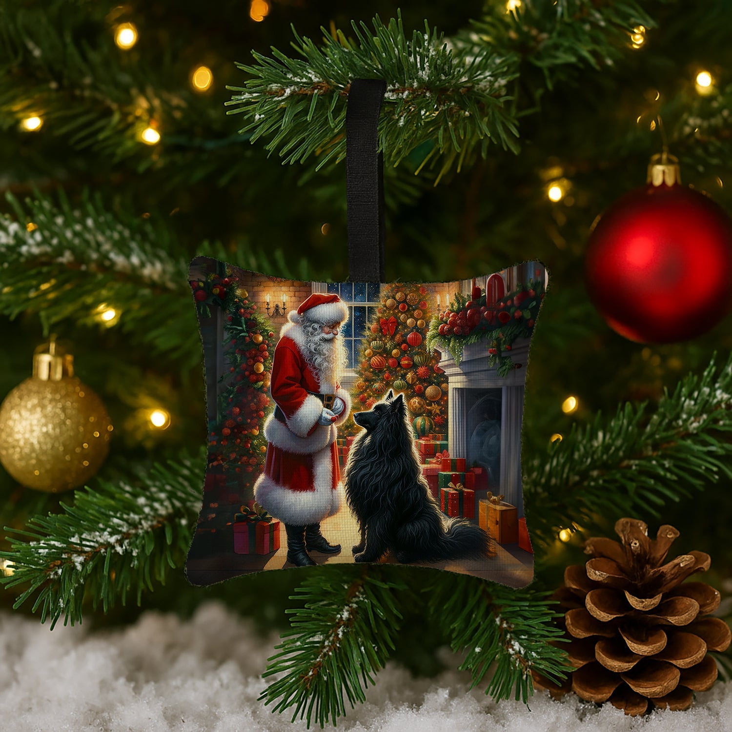 Belgian Sheepdog and Santa Claus Hanging Square Fabric Ornament 3.5 × 3.5 Decorative Door-Knob & Tree Hanger, Soft Fabric