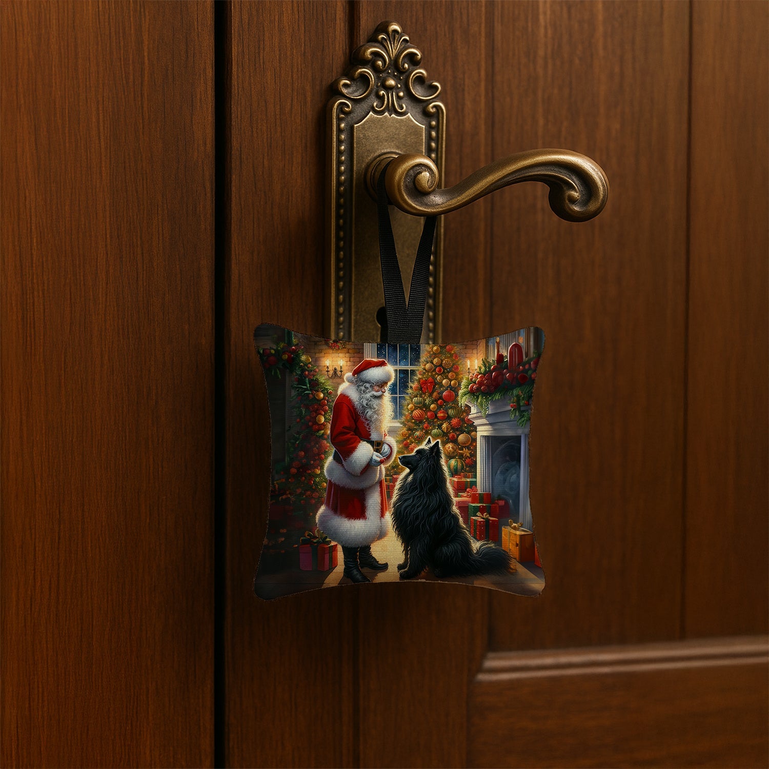 Belgian Sheepdog and Santa Claus Hanging Square Fabric Ornament 3.5 × 3.5 Decorative Door-Knob & Tree Hanger, Soft Fabric