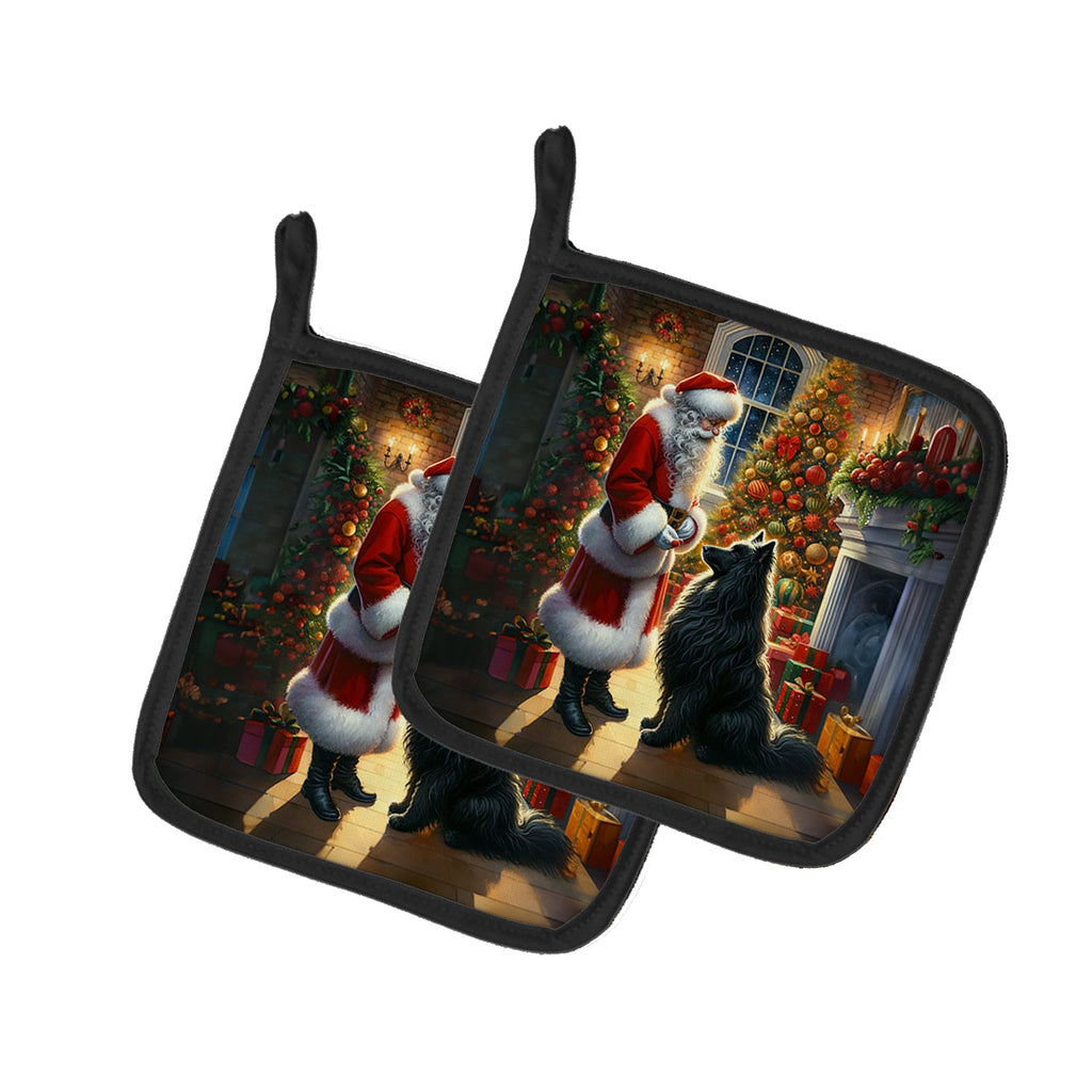 Belgian Sheepdog and Santa Claus Pot Holder Set of 2 Heat Resistant Quilted Hot Pads 7.5 x 7.5 Inch, Insulated Kitchen Trivets for Cooking & Baking