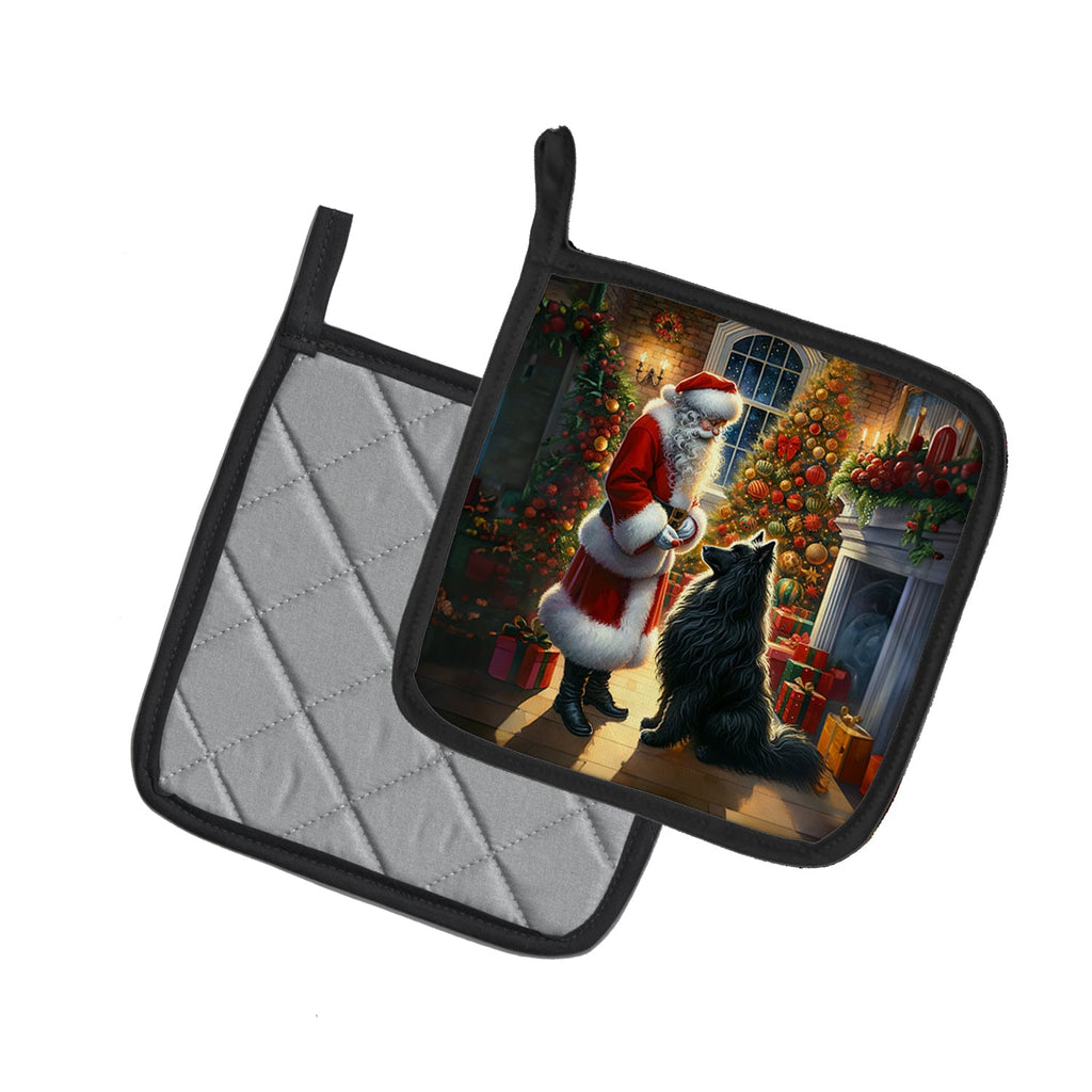 Belgian Sheepdog and Santa Claus Pot Holder Set of 2 Heat Resistant Quilted Hot Pads 7.5 x 7.5 Inch, Insulated Kitchen Trivets for Cooking & Baking
