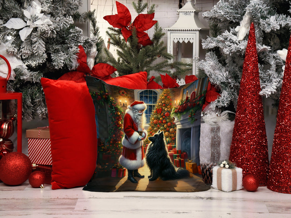Belgian Sheepdog and Santa Claus Decorative Throw Pillow 14x14 Indoor Outdoor Accent Cushion, Fabric Cover with Insert for Sofa, Bed, Porch & Living Room