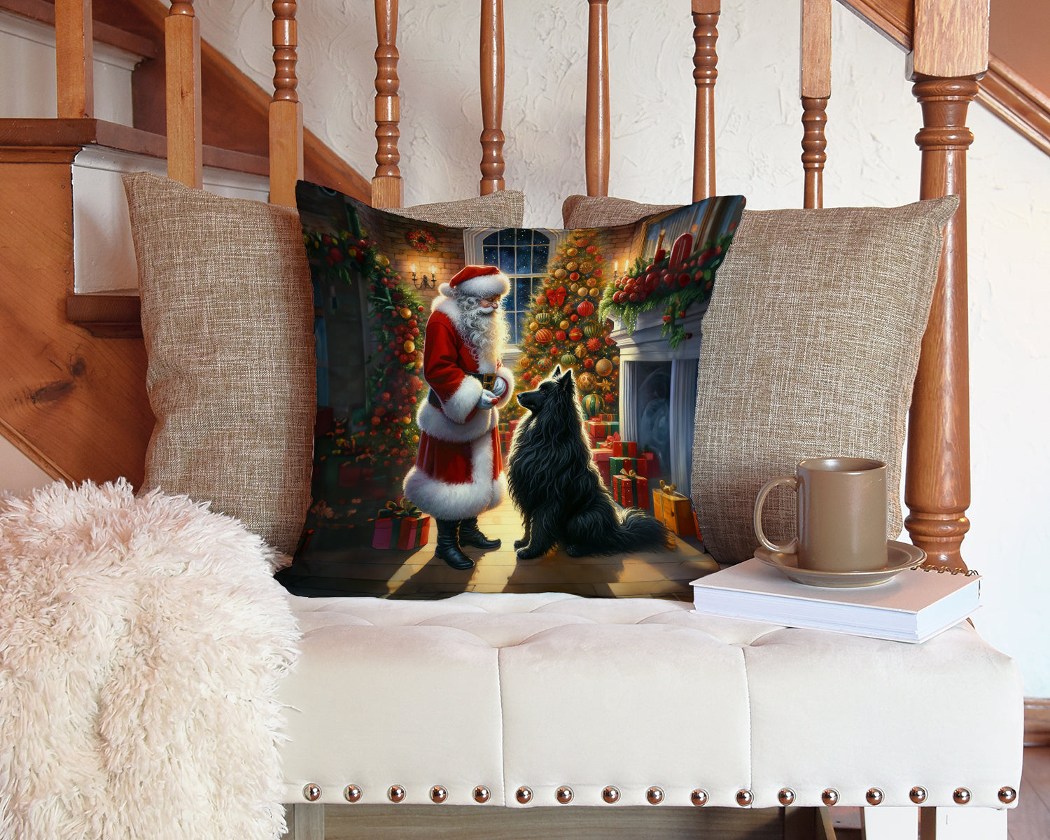 Belgian Sheepdog and Santa Claus Decorative Throw Pillow 14x14 Indoor Outdoor Accent Cushion, Fabric Cover with Insert for Sofa, Bed, Porch & Living Room