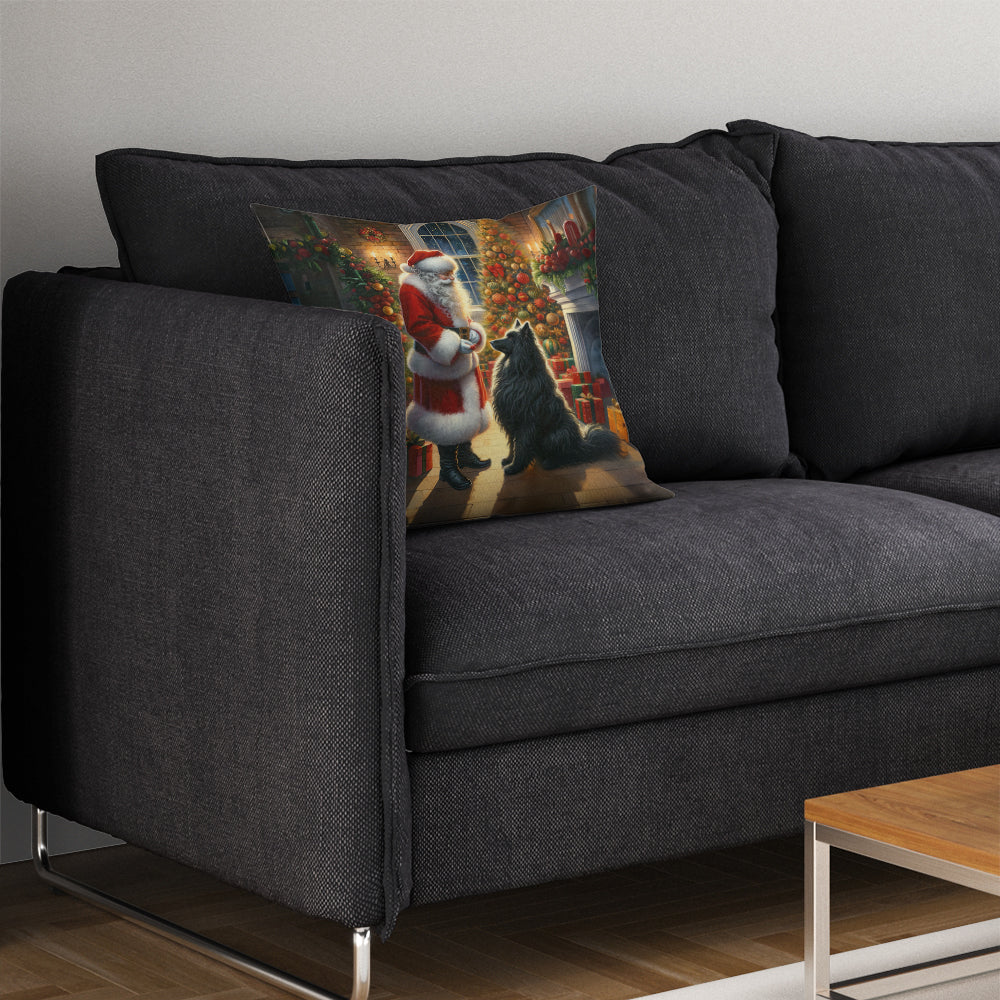 Belgian Sheepdog and Santa Claus Decorative Throw Pillow 14x14 Indoor Outdoor Accent Cushion, Fabric Cover with Insert for Sofa, Bed, Porch & Living Room