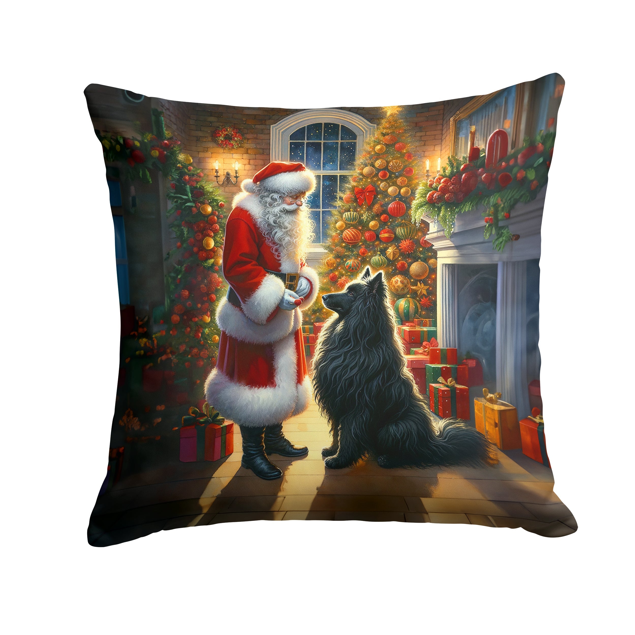 Belgian Sheepdog and Santa Claus Decorative Throw Pillow 18x18 Indoor Outdoor Accent Cushion, Fabric Cover with Insert for Sofa, Bed, Porch & Living Room