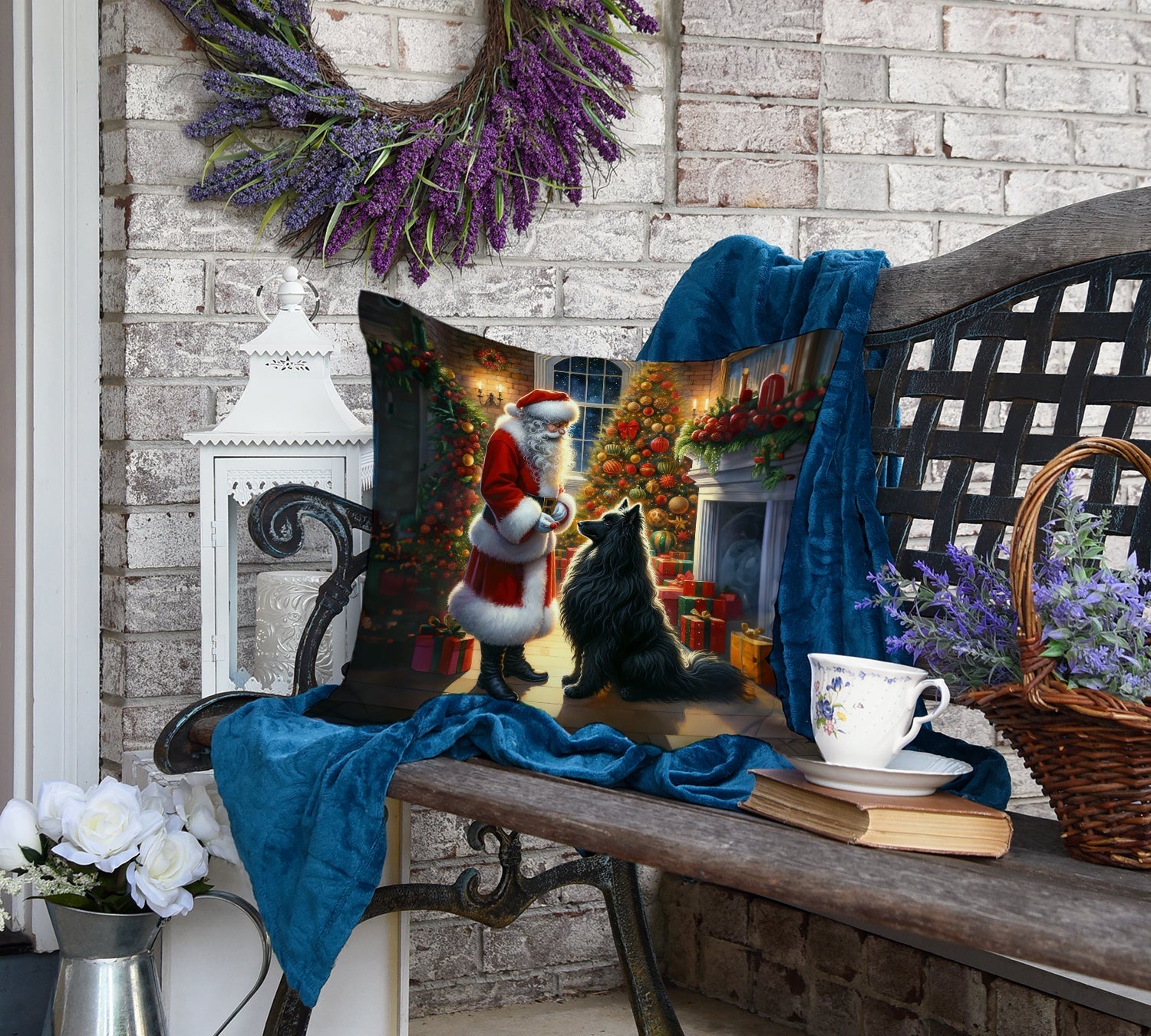 Belgian Sheepdog and Santa Claus Decorative Throw Pillow 18x18 Indoor Outdoor Accent Cushion, Fabric Cover with Insert for Sofa, Bed, Porch & Living Room