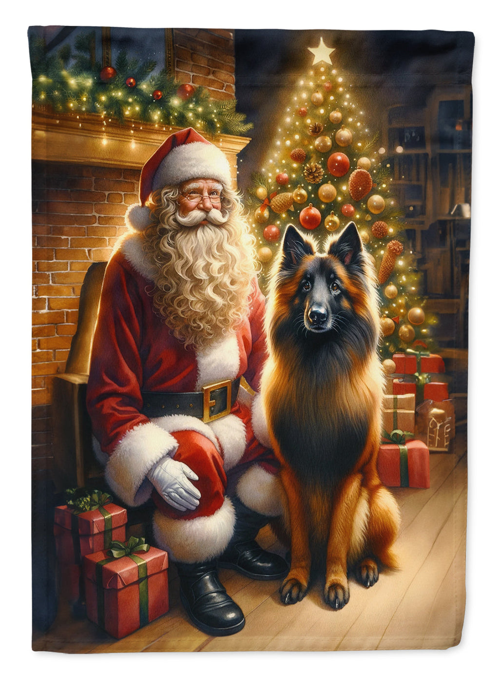 Belgian Tervuren and Santa Claus House Flag 28x40 Porch Sleeve Pole Decorative Outside Yard Banner Artwork Wall Hanging, Polyester