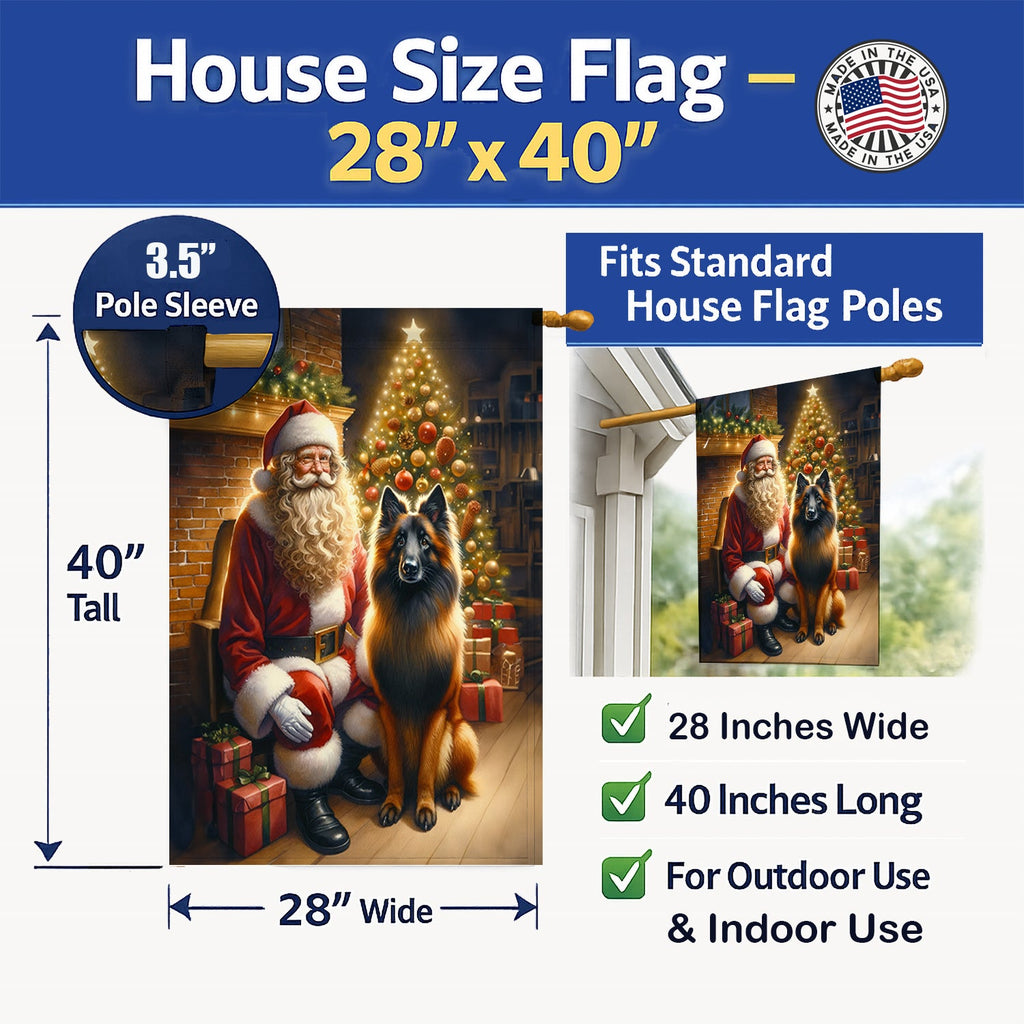 Belgian Tervuren and Santa Claus House Flag 28x40 Porch Sleeve Pole Decorative Outside Yard Banner Artwork Wall Hanging, Polyester