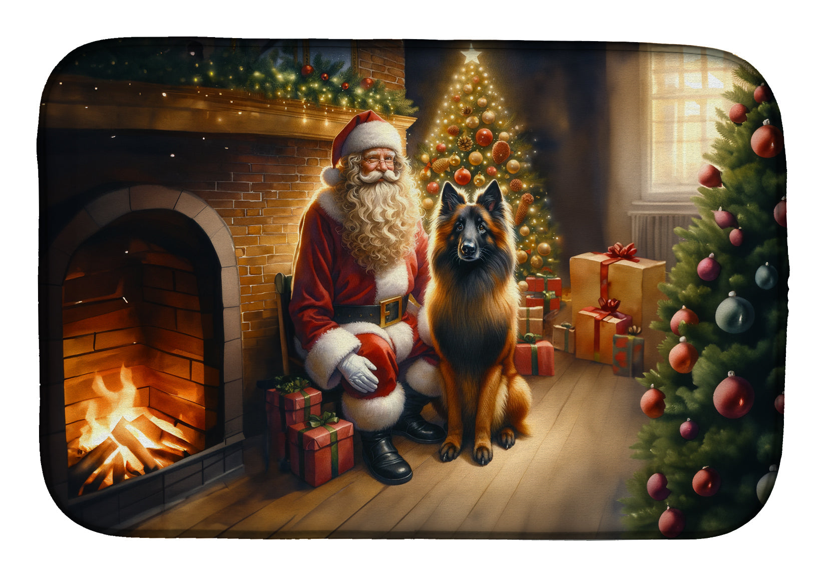 Belgian Tervuren and Santa Claus Dish Drying Mat Absorbent Dish Drying Mat Pad for Kitchen Counter Dish Drainer Mat for Countertop, 14 x 21", Multicolor