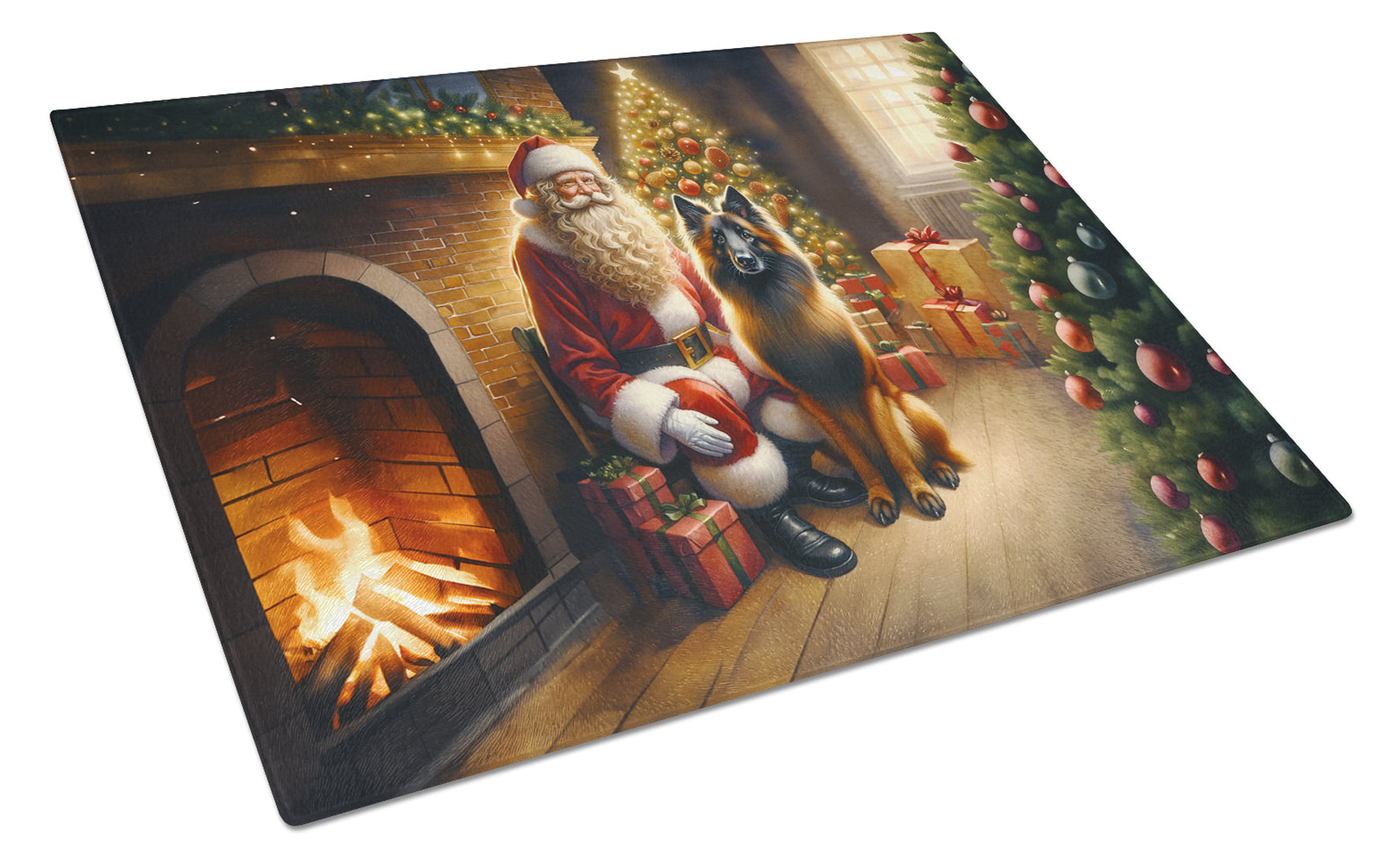Belgian Tervuren and Santa Claus Cutting Board Tempered Glass Kitchen Cutting Surface, Heat Resistant Chopping, Non-Slip Feet, Food Prep & Serving