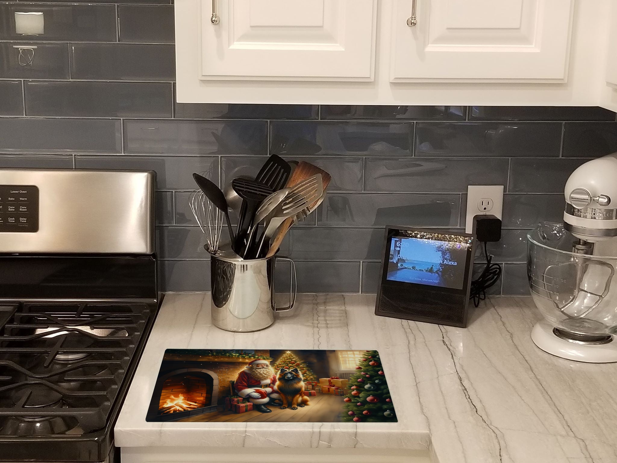 Belgian Tervuren and Santa Claus Cutting Board Tempered Glass Kitchen Cutting Surface, Heat Resistant Chopping, Non-Slip Feet, Food Prep & Serving