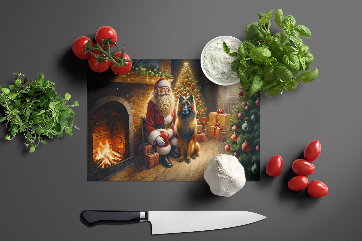 Belgian Tervuren and Santa Claus Cutting Board Tempered Glass Kitchen Cutting Surface, Heat Resistant Chopping, Non-Slip Feet, Food Prep & Serving