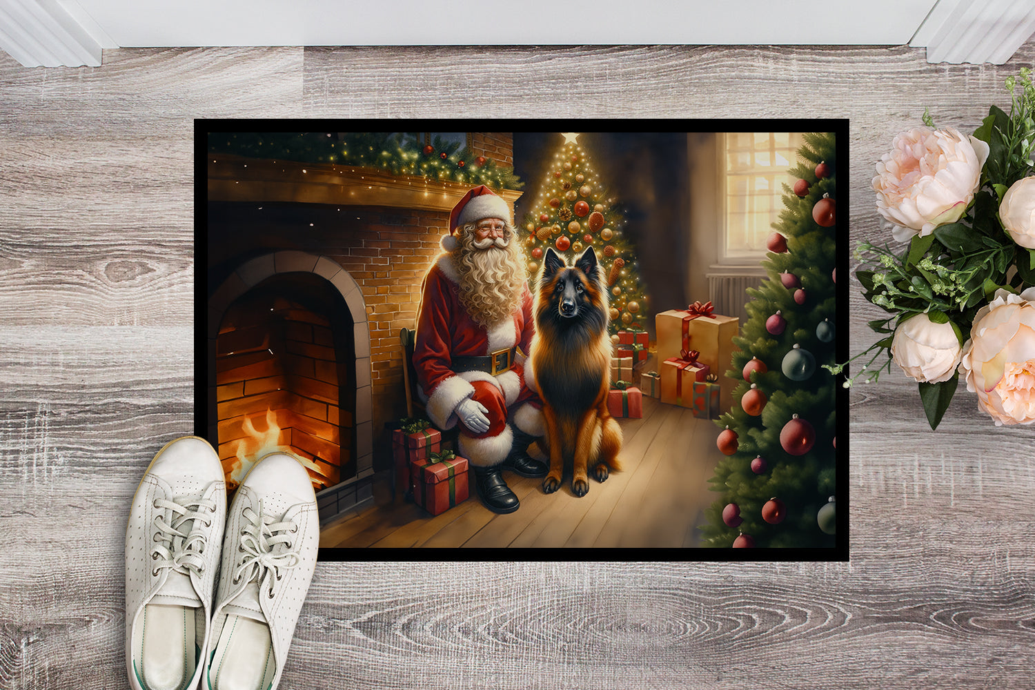 Belgian Tervuren and Santa Claus Doormat Indoor Outdoor 18H X 27W Front Door Mat Rugs for Entryway, Non Slip Washable