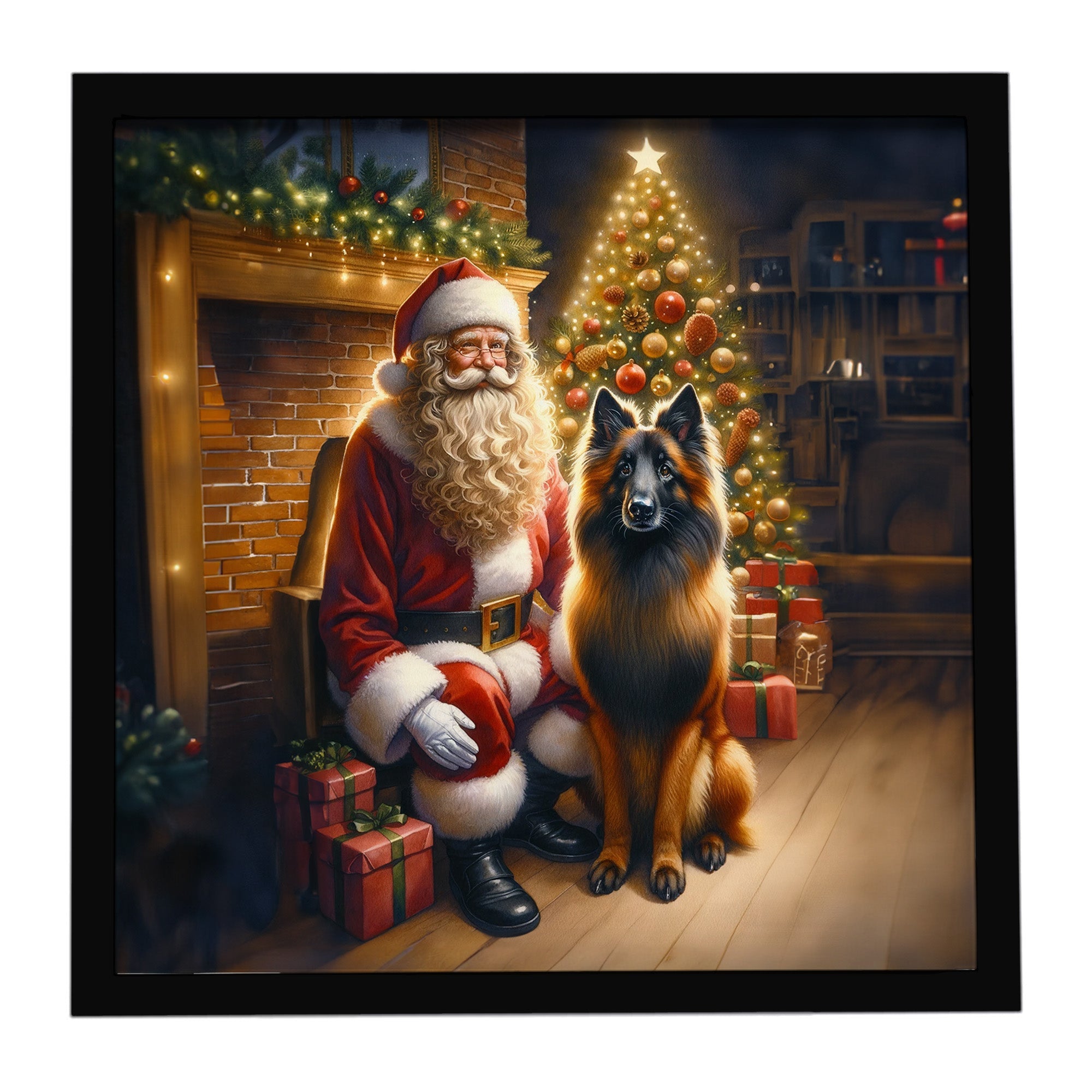 Belgian Tervuren and Santa Claus Framed Metal Print Bathroom, Kitchen, Office, Home Decor Wall Art Ready to Hang, Square, 8X8