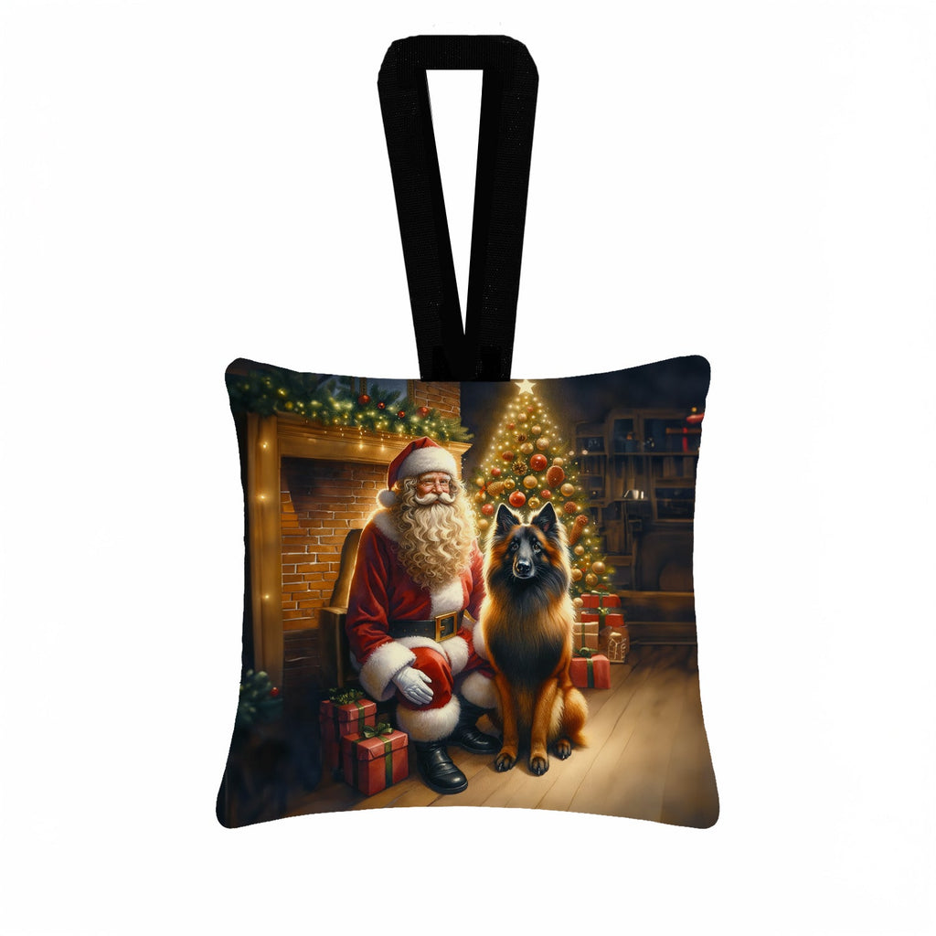 Belgian Tervuren and Santa Claus Hanging Square Fabric Ornament 3.5 × 3.5 Decorative Door-Knob & Tree Hanger, Soft Fabric