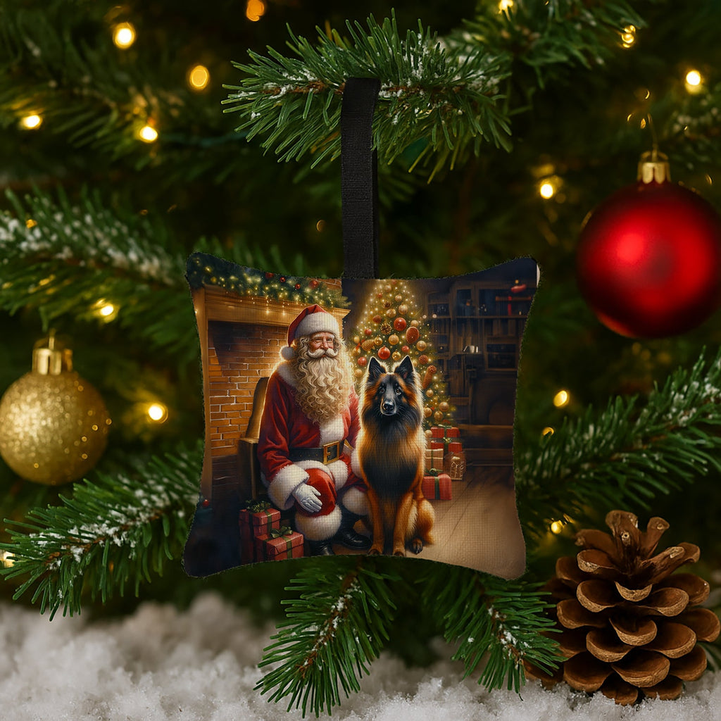 Belgian Tervuren and Santa Claus Hanging Square Fabric Ornament 3.5 × 3.5 Decorative Door-Knob & Tree Hanger, Soft Fabric