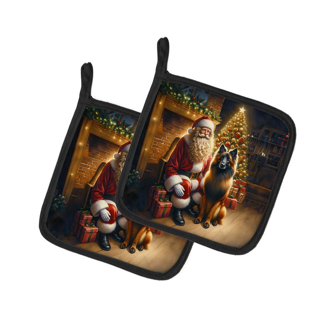 Belgian Tervuren and Santa Claus Pot Holder Set of 2 Heat Resistant Quilted Hot Pads 7.5 x 7.5 Inch, Insulated Kitchen Trivets for Cooking & Baking