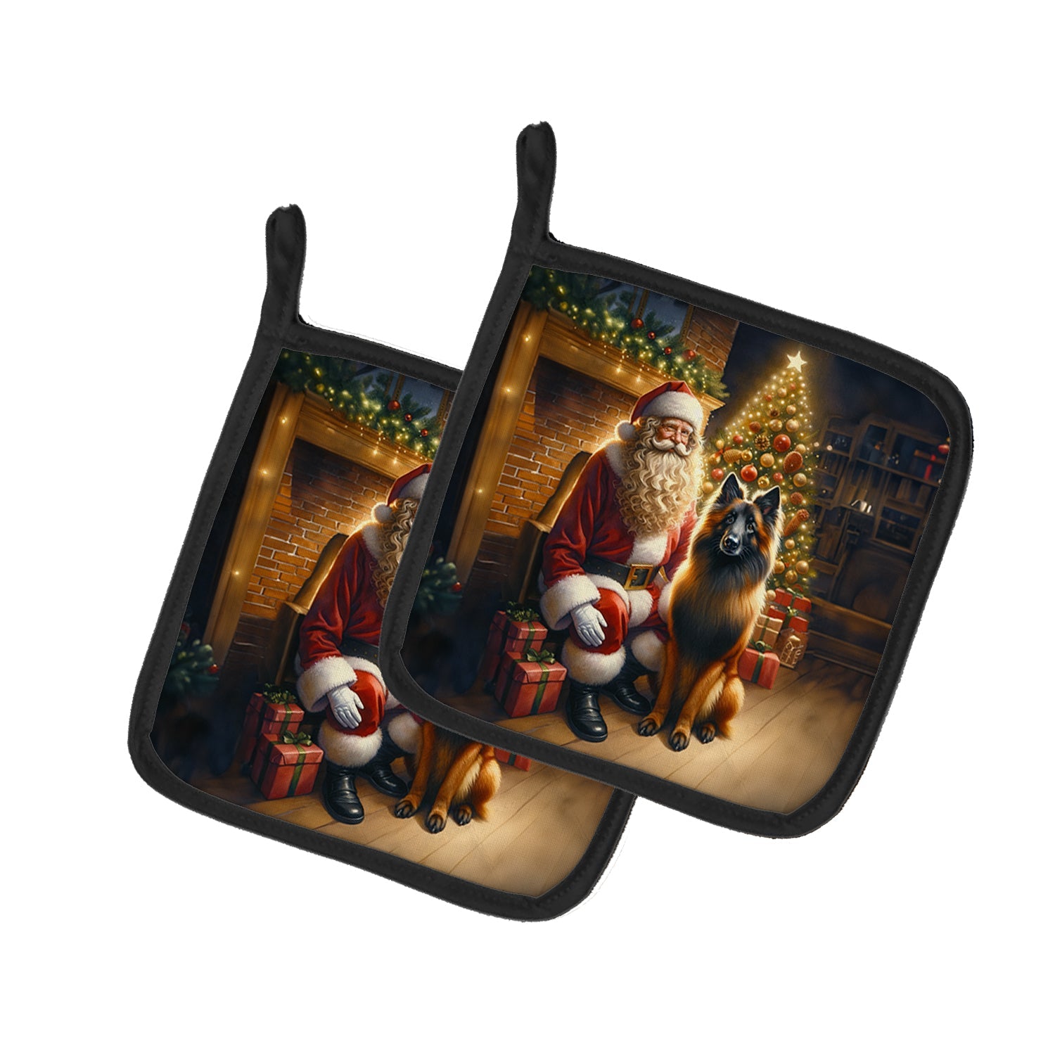 Belgian Tervuren and Santa Claus Pot Holder Set of 2 Heat Resistant Quilted Hot Pads 7.5 x 7.5 Inch, Insulated Kitchen Trivets for Cooking & Baking
