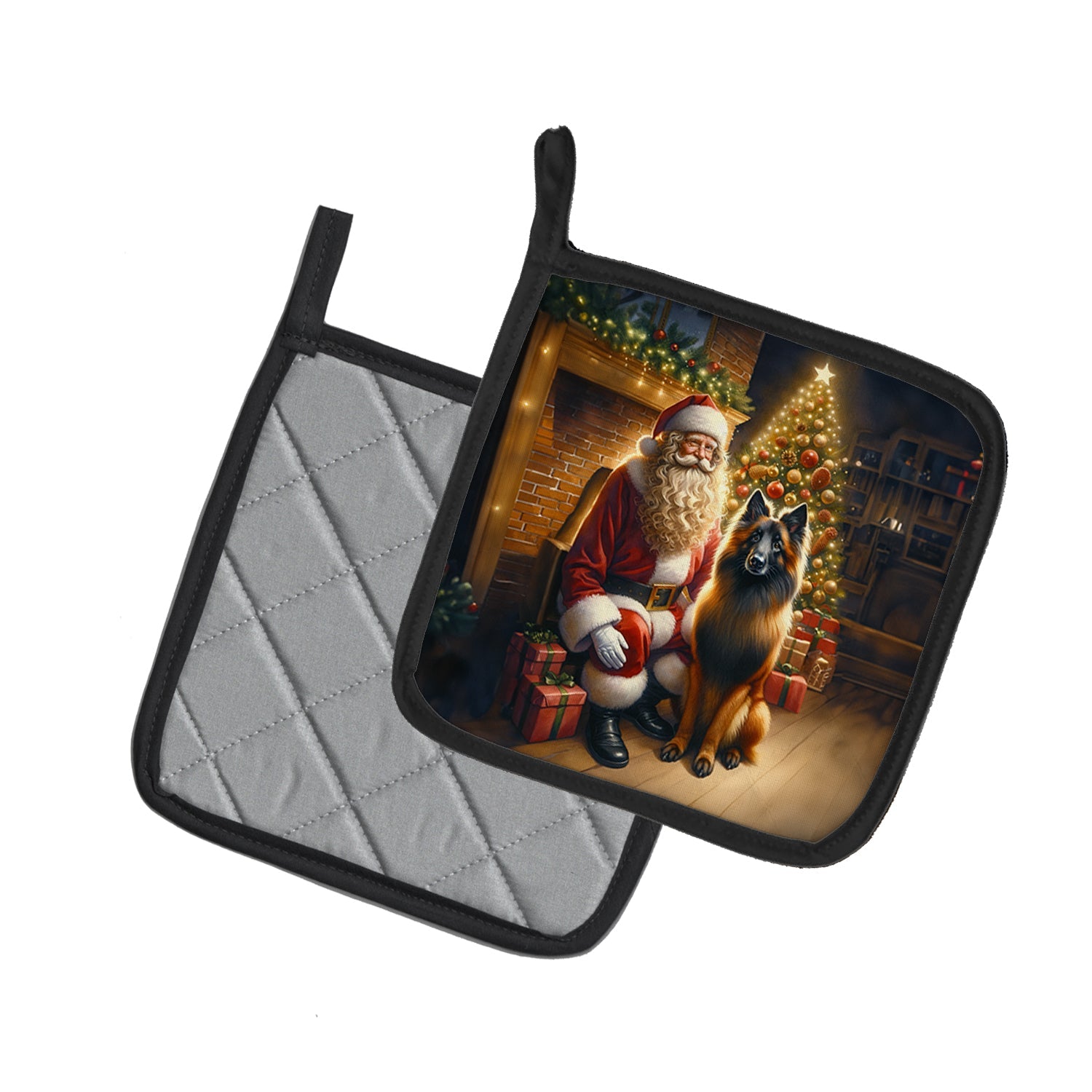 Belgian Tervuren and Santa Claus Pot Holder Set of 2 Heat Resistant Quilted Hot Pads 7.5 x 7.5 Inch, Insulated Kitchen Trivets for Cooking & Baking