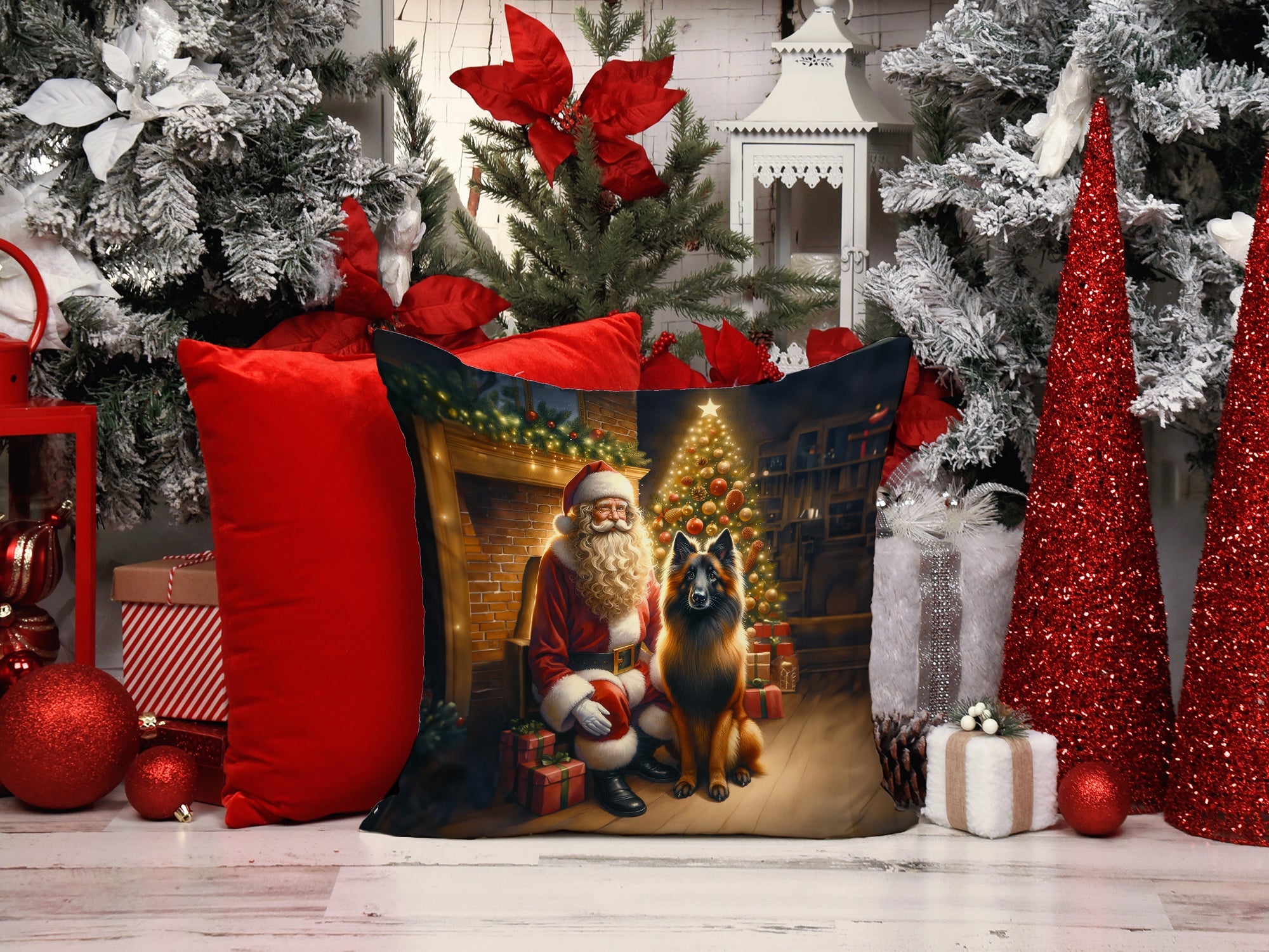 Belgian Tervuren and Santa Claus Decorative Throw Pillow 14x14 Indoor Outdoor Accent Cushion, Fabric Cover with Insert for Sofa, Bed, Porch & Living Room