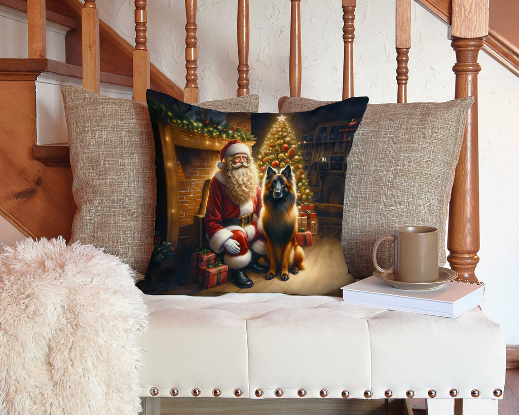 Belgian Tervuren and Santa Claus Decorative Throw Pillow 14x14 Indoor Outdoor Accent Cushion, Fabric Cover with Insert for Sofa, Bed, Porch & Living Room