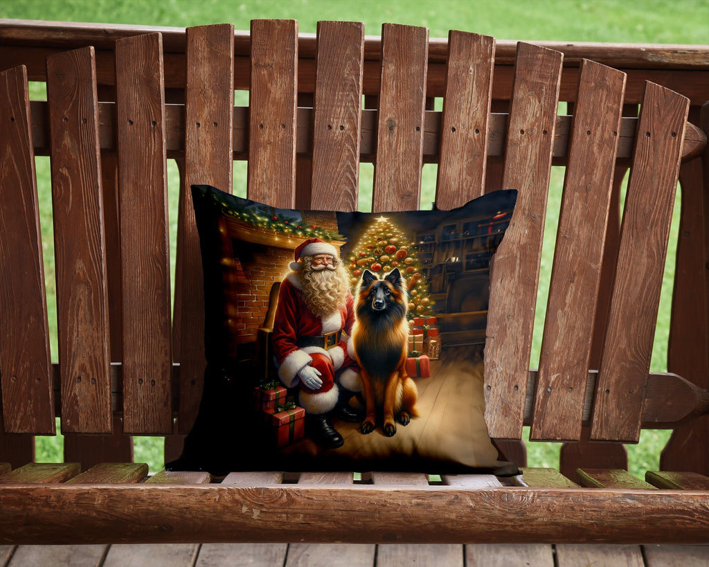Belgian Tervuren and Santa Claus Decorative Throw Pillow 14x14 Indoor Outdoor Accent Cushion, Fabric Cover with Insert for Sofa, Bed, Porch & Living Room