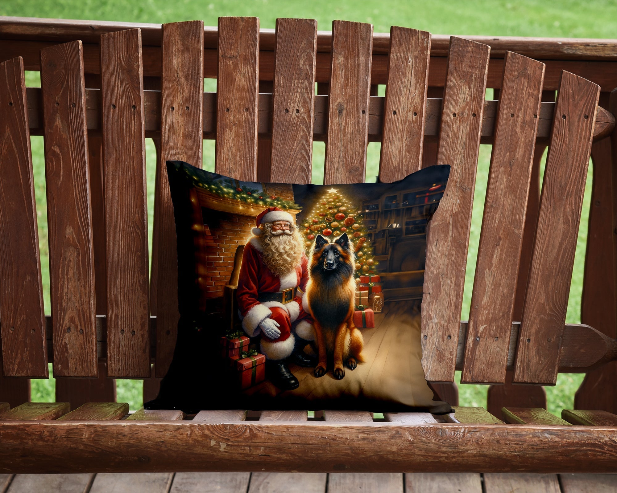 Belgian Tervuren and Santa Claus Decorative Throw Pillow 14x14 Indoor Outdoor Accent Cushion, Fabric Cover with Insert for Sofa, Bed, Porch & Living Room