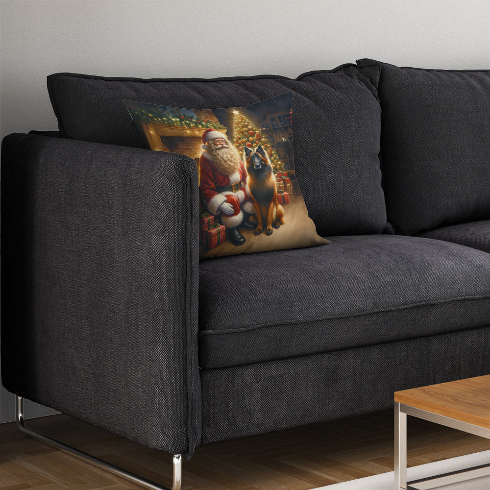 Belgian Tervuren and Santa Claus Decorative Throw Pillow 14x14 Indoor Outdoor Accent Cushion, Fabric Cover with Insert for Sofa, Bed, Porch & Living Room