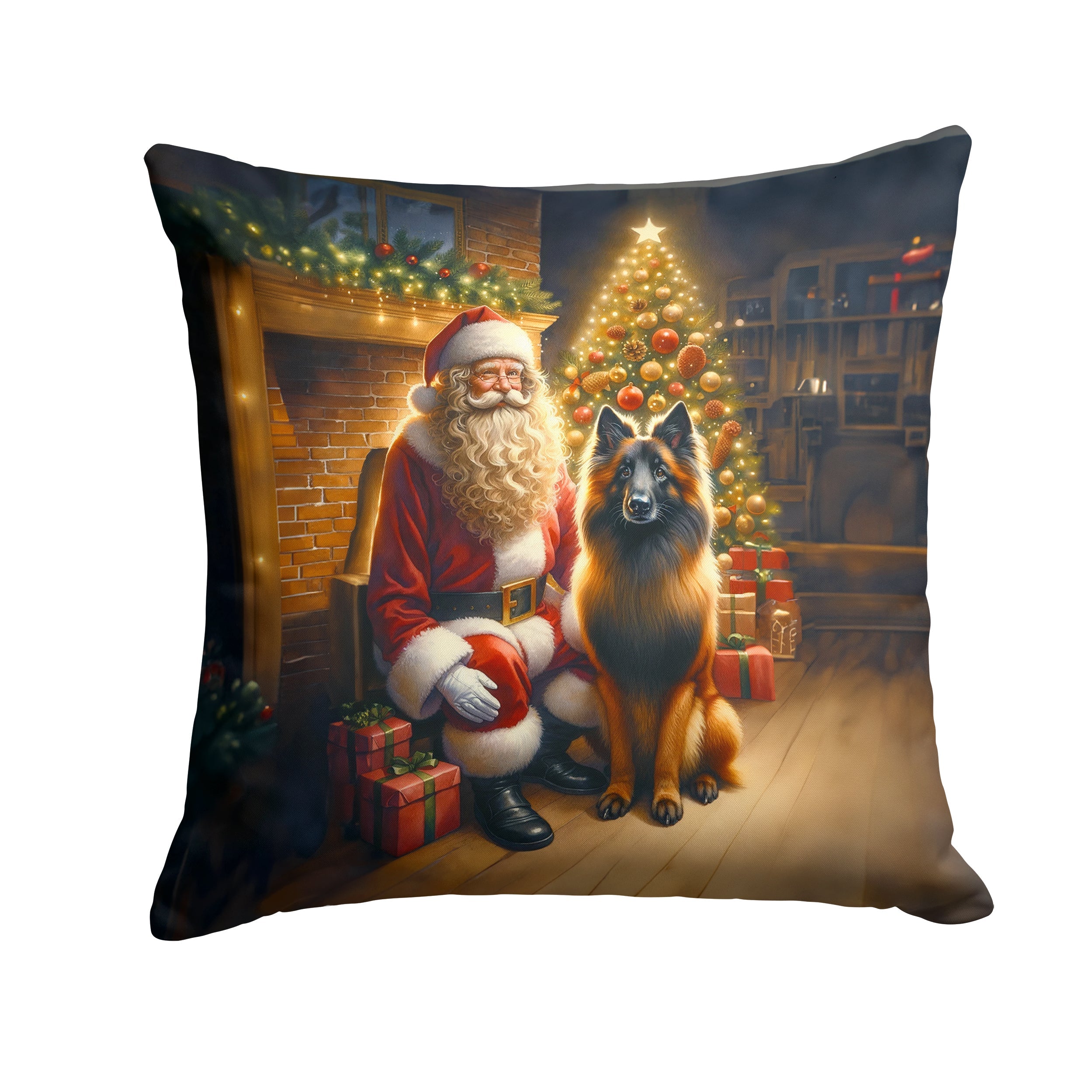 Belgian Tervuren and Santa Claus Decorative Throw Pillow 18x18 Indoor Outdoor Accent Cushion, Fabric Cover with Insert for Sofa, Bed, Porch & Living Room