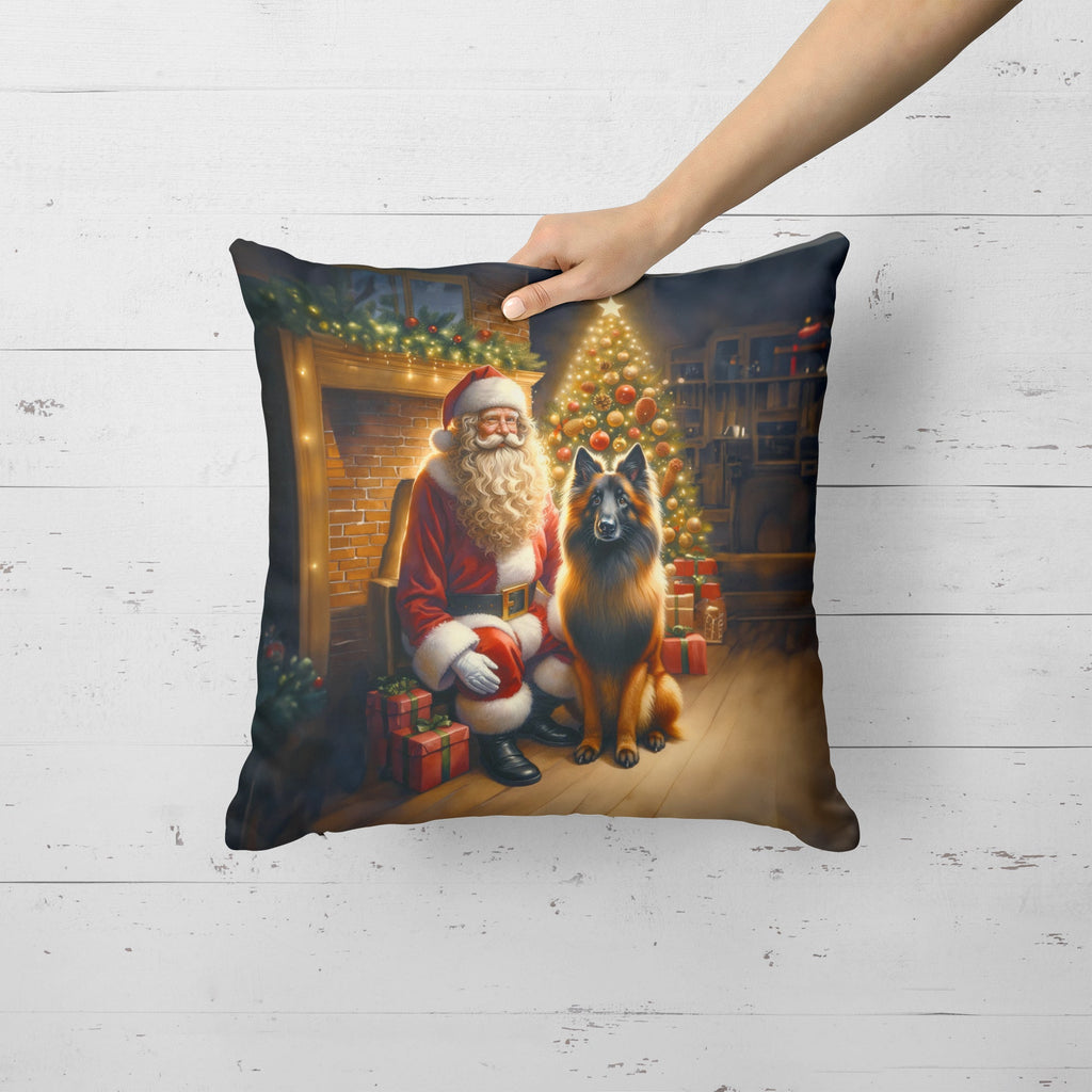 Belgian Tervuren and Santa Claus Decorative Throw Pillow 18x18 Indoor Outdoor Accent Cushion, Fabric Cover with Insert for Sofa, Bed, Porch & Living Room