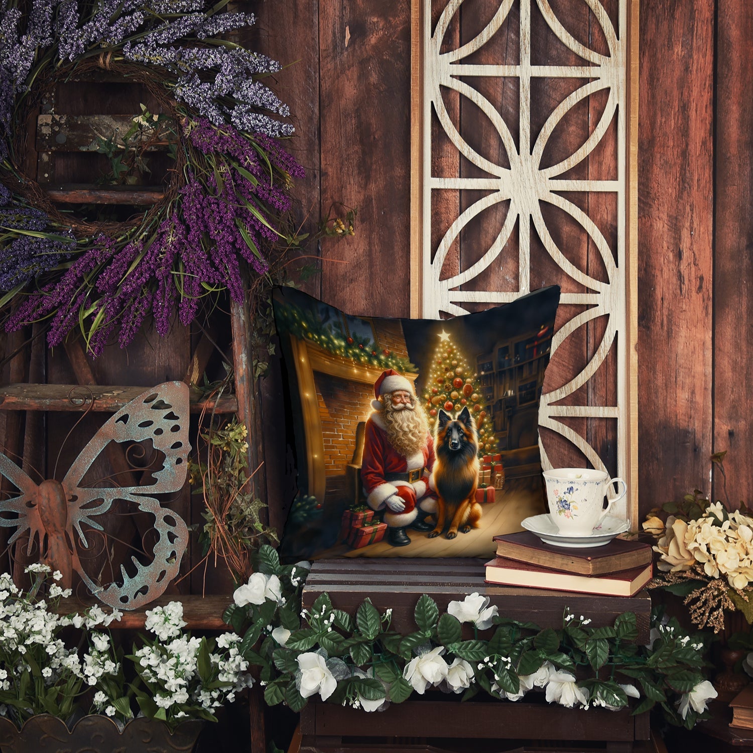Belgian Tervuren and Santa Claus Decorative Throw Pillow 18x18 Indoor Outdoor Accent Cushion, Fabric Cover with Insert for Sofa, Bed, Porch & Living Room