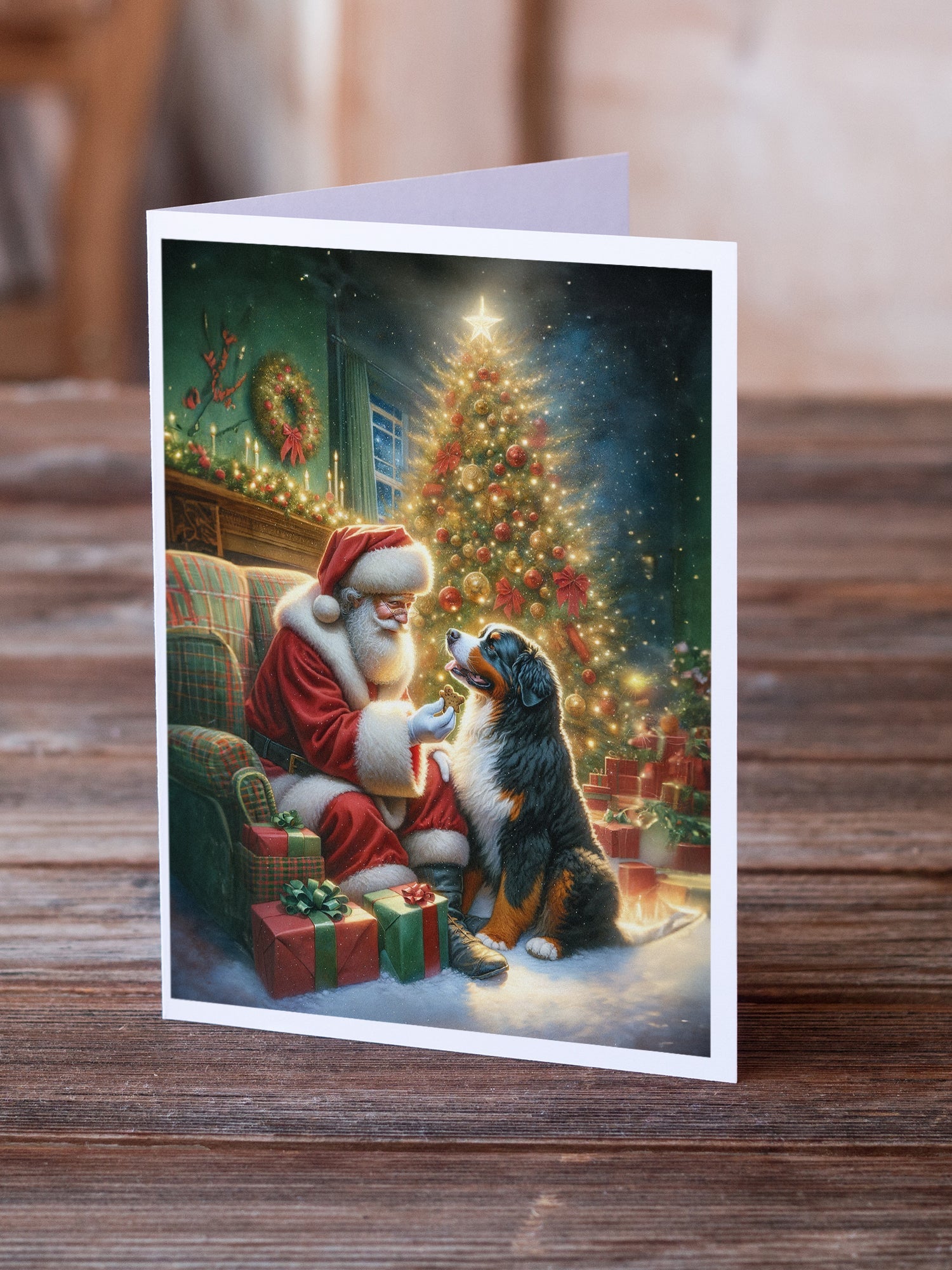 Bernese Mountain Dog and Santa Claus Greeting Cards Pack of 8 Blank Cards with Envelopes Whimsical A7 Size 5x7