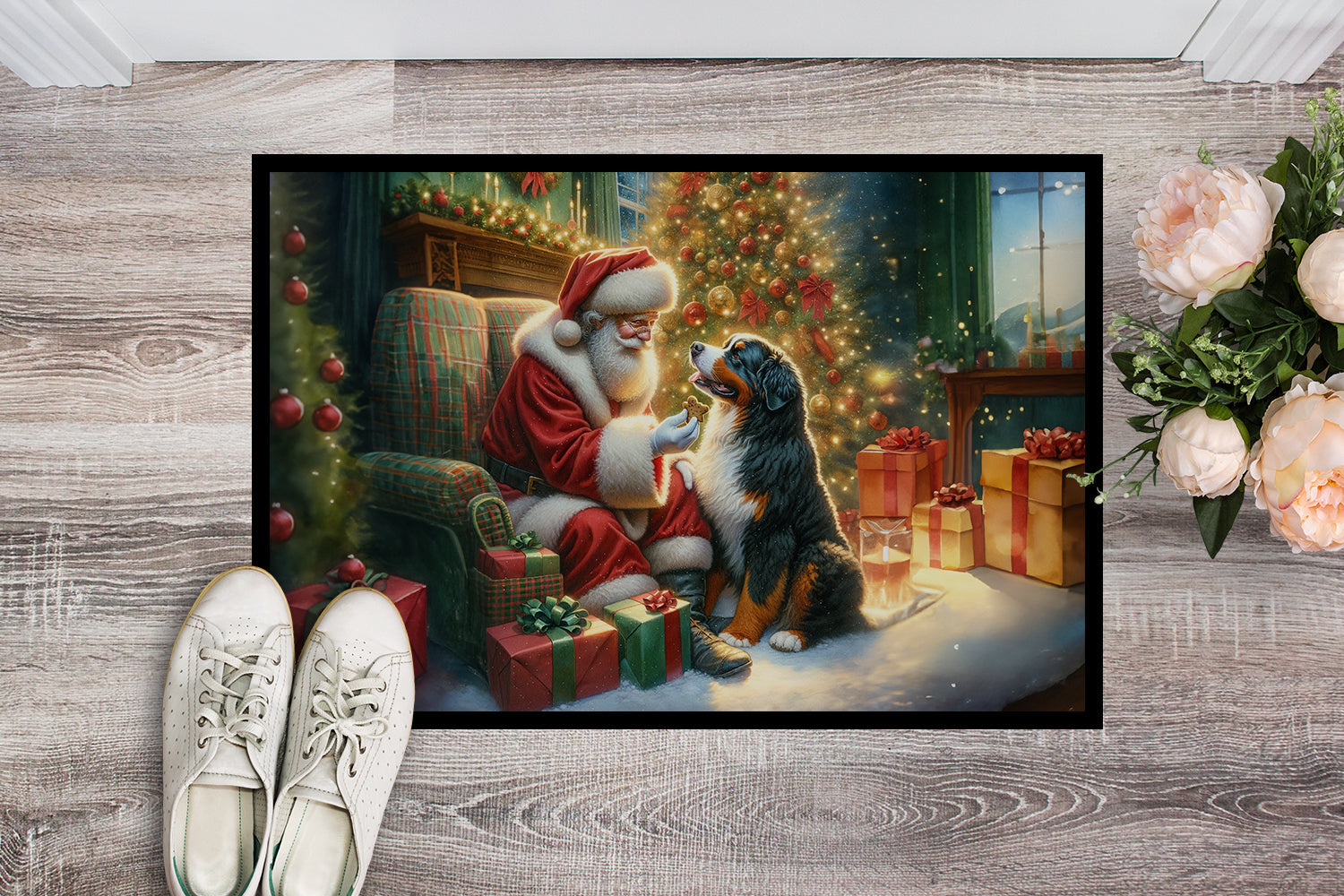 Bernese Mountain Dog and Santa Claus Doormat Indoor Outdoor 24H X 36W Front Door Mat Rugs for Entryway, Non Slip Washable Low Pile,