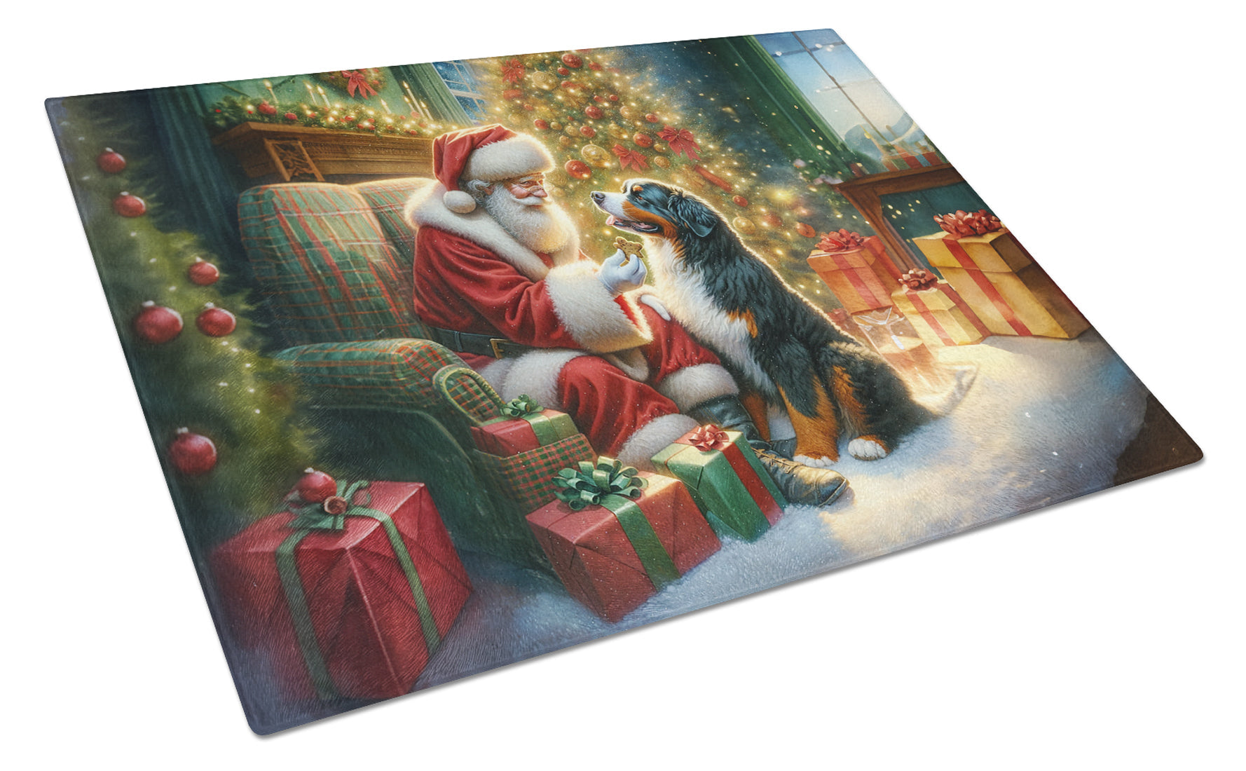 Bernese Mountain Dog and Santa Claus Cutting Board Tempered Glass Kitchen Cutting Surface, Heat Resistant Chopping, Non-Slip Feet, Food Prep & Serving