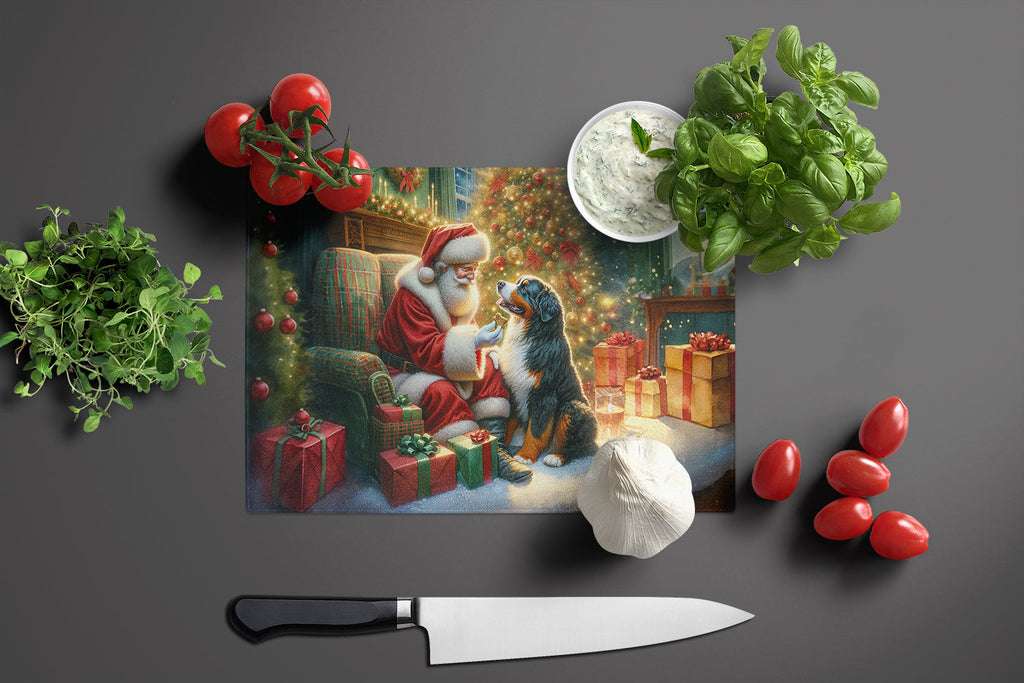 Bernese Mountain Dog and Santa Claus Cutting Board Tempered Glass Kitchen Cutting Surface, Heat Resistant Chopping, Non-Slip Feet, Food Prep & Serving